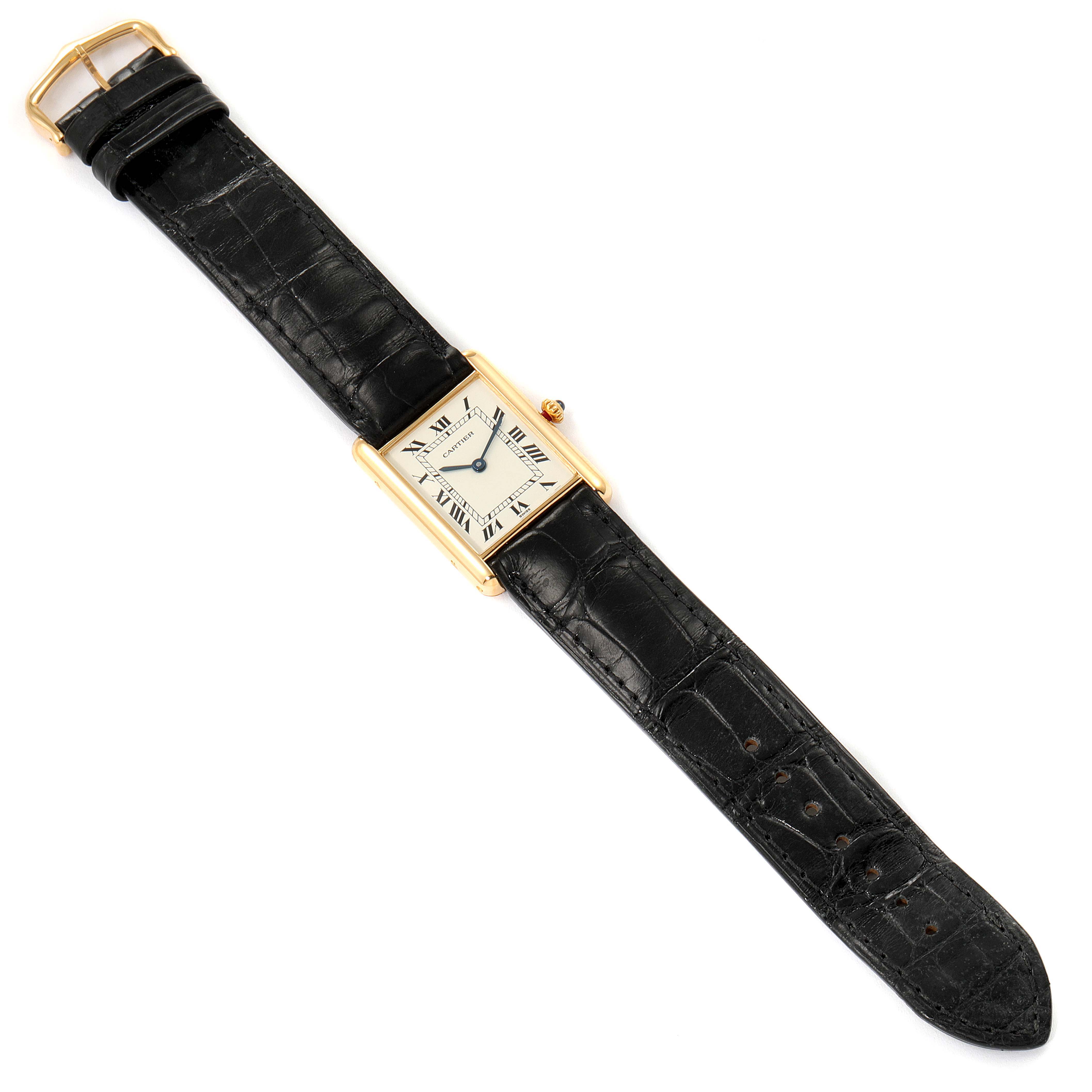 The image shows a Cartier Tank Classic Women's Yellow Gold White Dial Women's Yellow Gold White Dial watch laid flat, displaying the face, gold casing, black leather strap, and buckle.