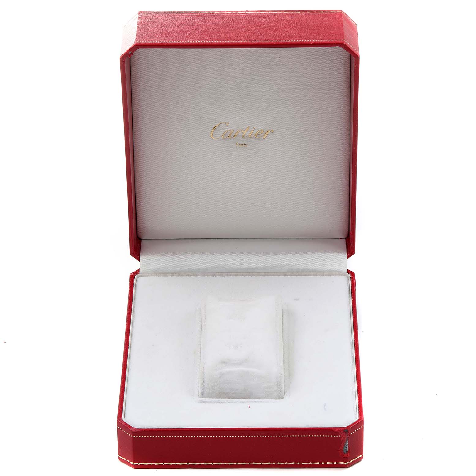 This image shows an open red Cartier box designed for the Tank Classic model watch, viewed from the front angle.