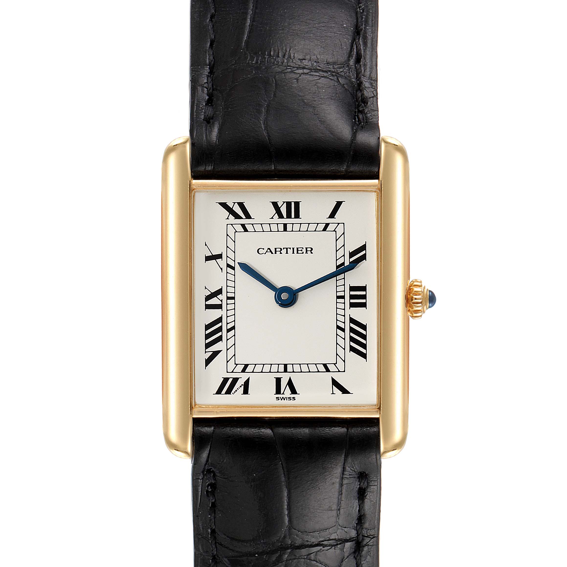 The Cartier Tank Classic Women's Yellow Gold White Dial Women's Yellow Gold White Dial watch is shown from a front angle, displaying its rectangular face, Roman numerals, and the black leather strap.