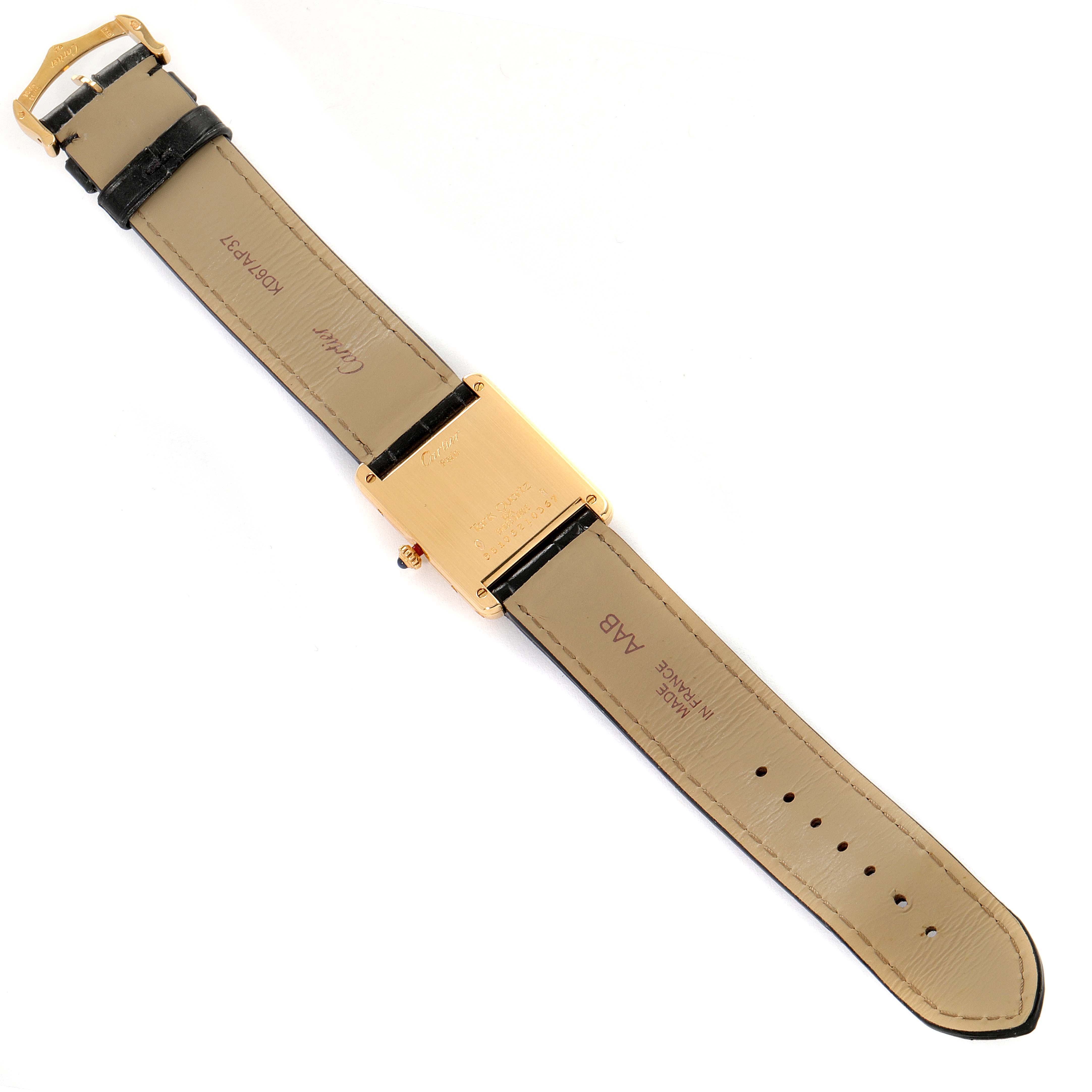 The image shows the back view of a Cartier Tank Classic Women's Yellow Gold White Dial Women's Yellow Gold White Dial watch, highlighting the straps and the case back.