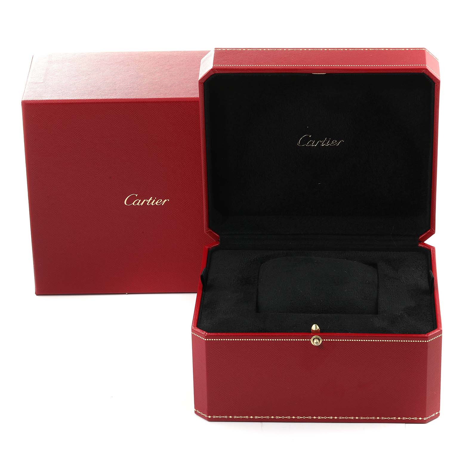 The image shows an open red box and outer packaging for the Cartier Tank Francaise 2366 Men's White Gold Silver Dial 2366 Men's White Gold Silver Dial watch, emphasizing the brand and model.