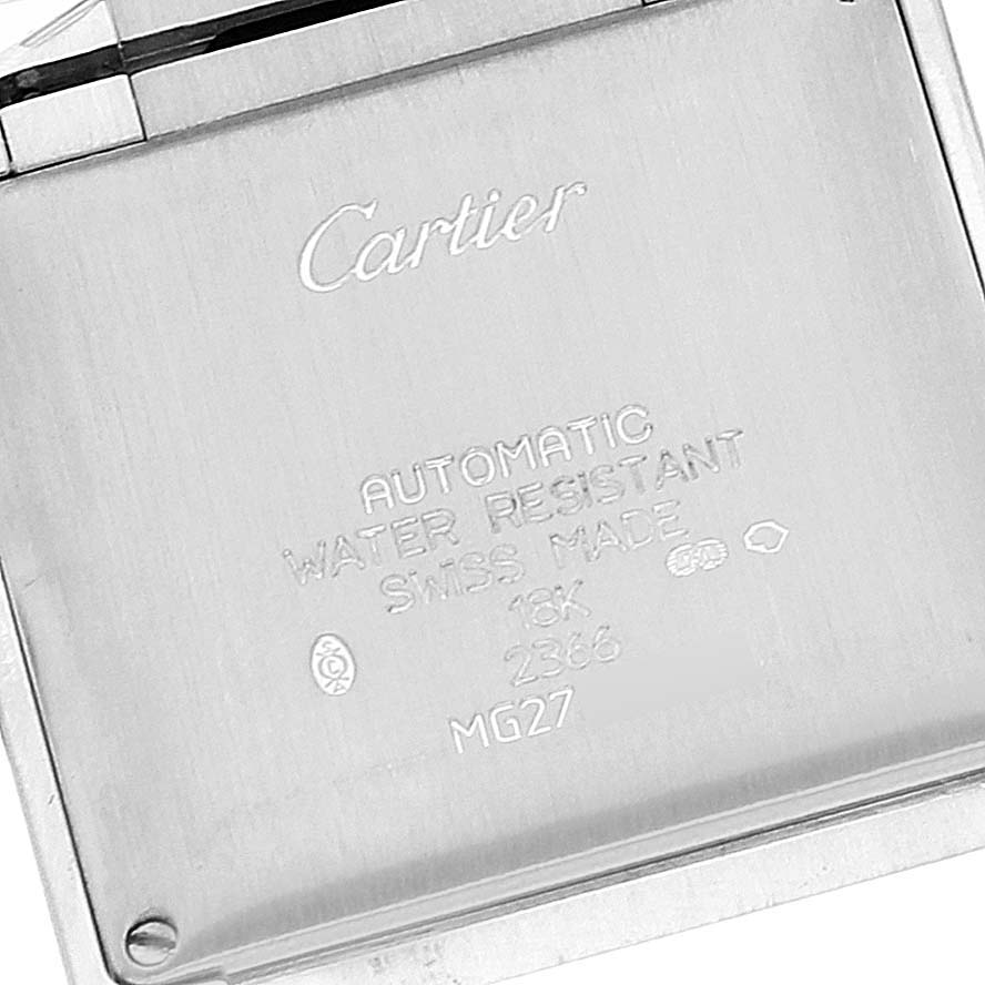 The image shows the back case of a Cartier Tank Francaise 2366 Men's White Gold Silver Dial 2366 Men's White Gold Silver Dial watch with engraved details of its specifications.
