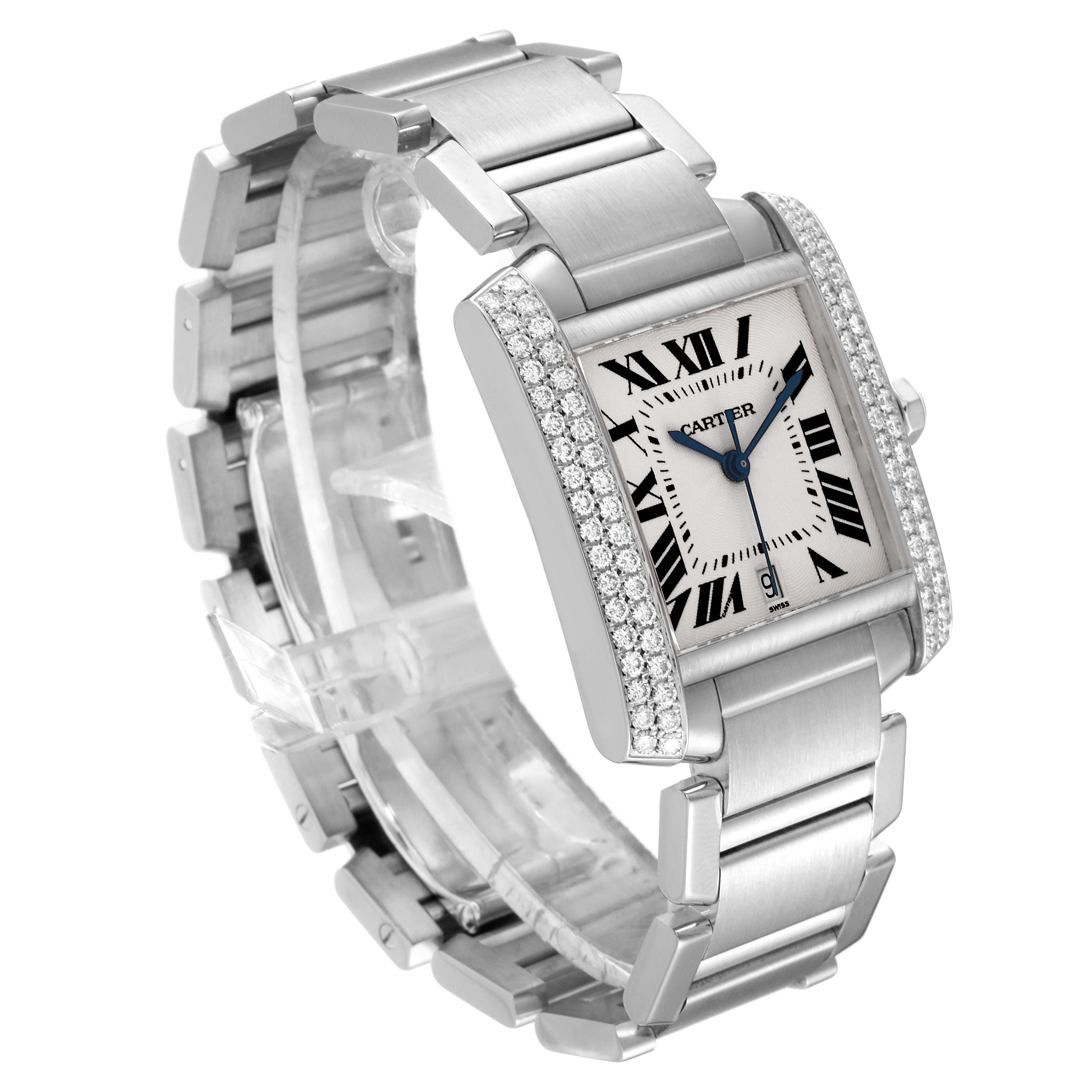 The Cartier Tank Francaise 2366 Men's White Gold Silver Dial 2366 Men's White Gold Silver Dial watch is shown at an angled view highlighting its face, bracelet, and diamond bezel.