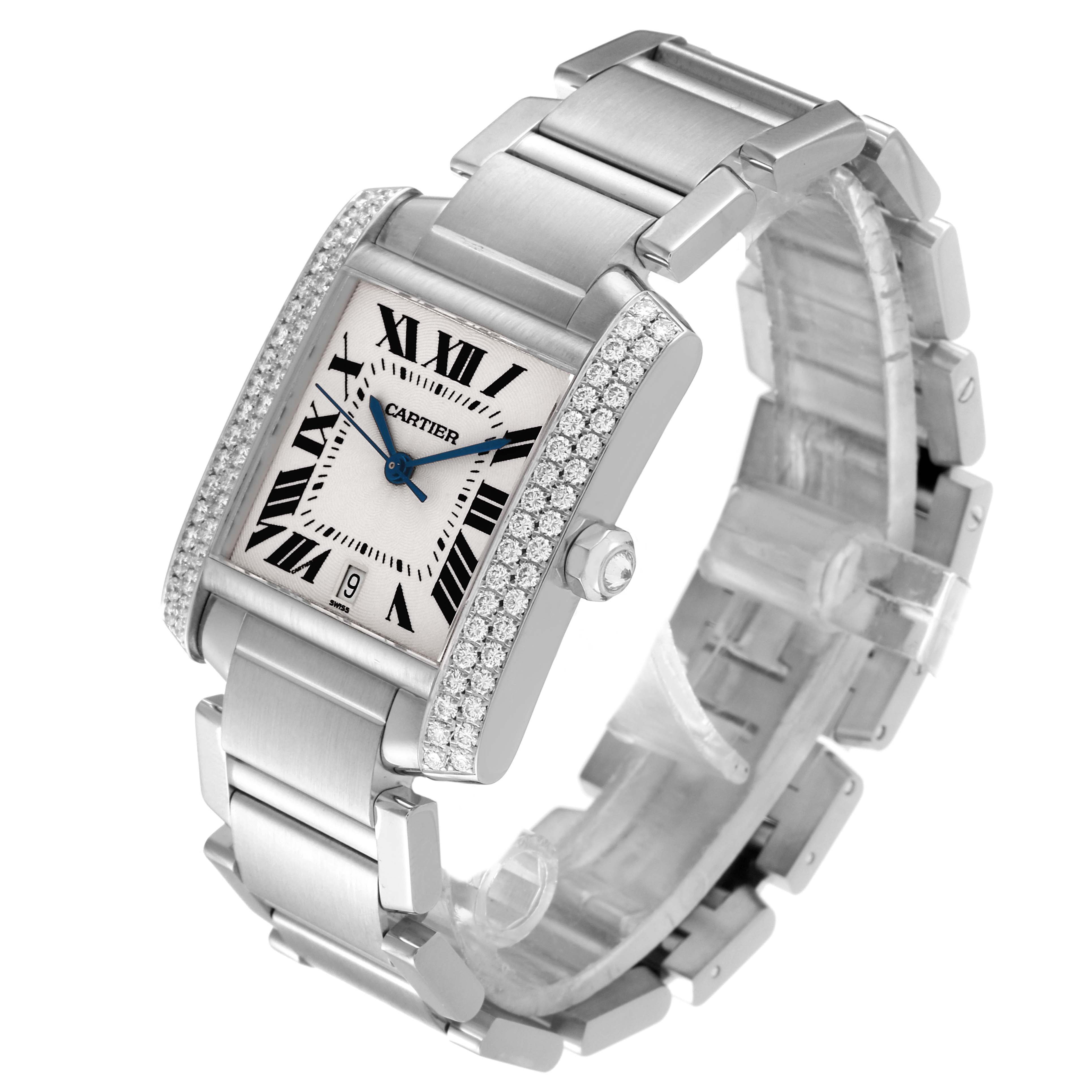 The image shows a Cartier Tank Francaise 2366 Men's White Gold Silver Dial 2366 Men's White Gold Silver Dial watch at a slight angle, highlighting its face, bracelet, bezel, and crown.
