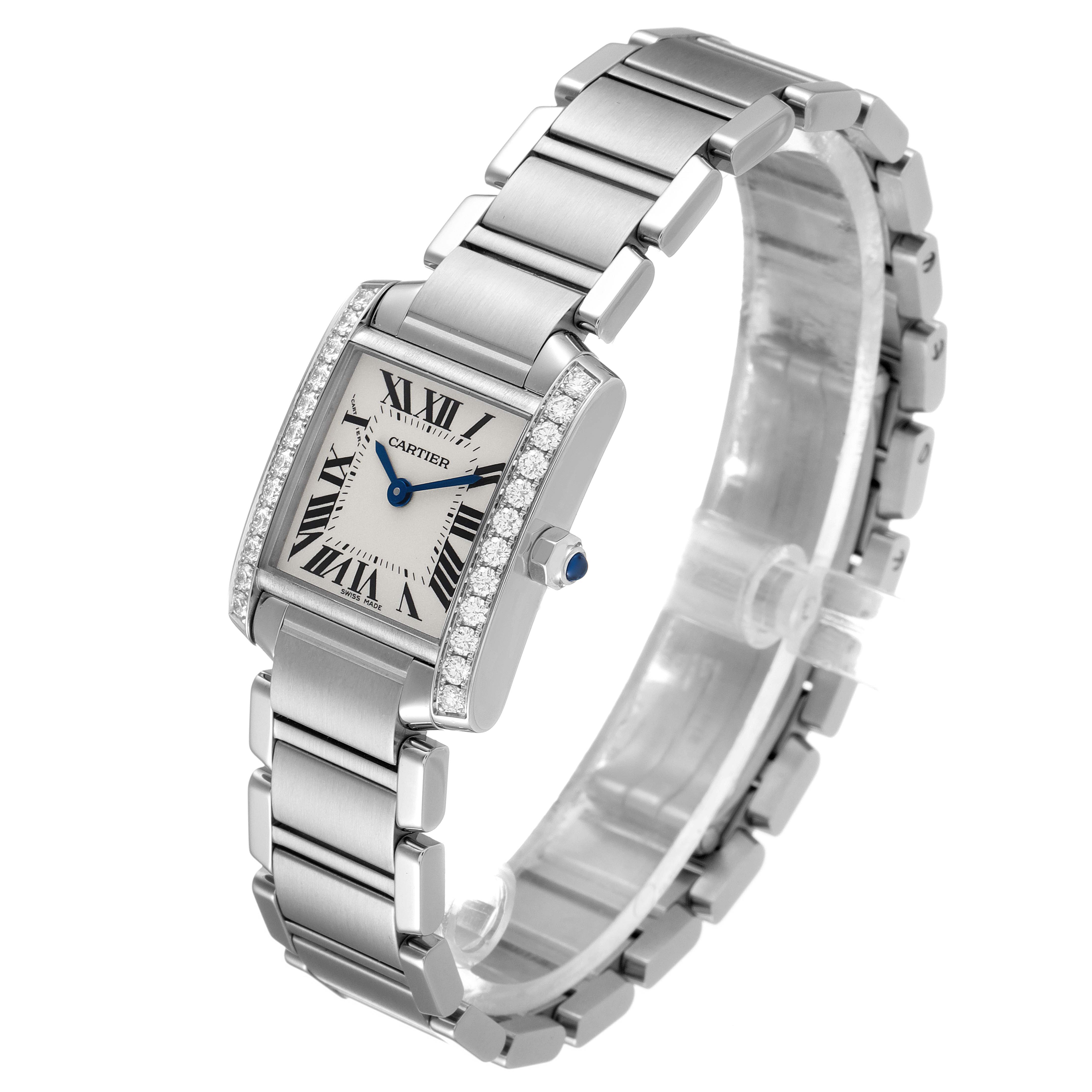 The image shows a Cartier Tank Francaise W4TA0008 Women's Stainless Steel Silver Dial W4TA0008 Women's Stainless Steel Silver Dial watch at a three-quarter angle, highlighting the rectangular face, bezel, bracelet, and crown.
