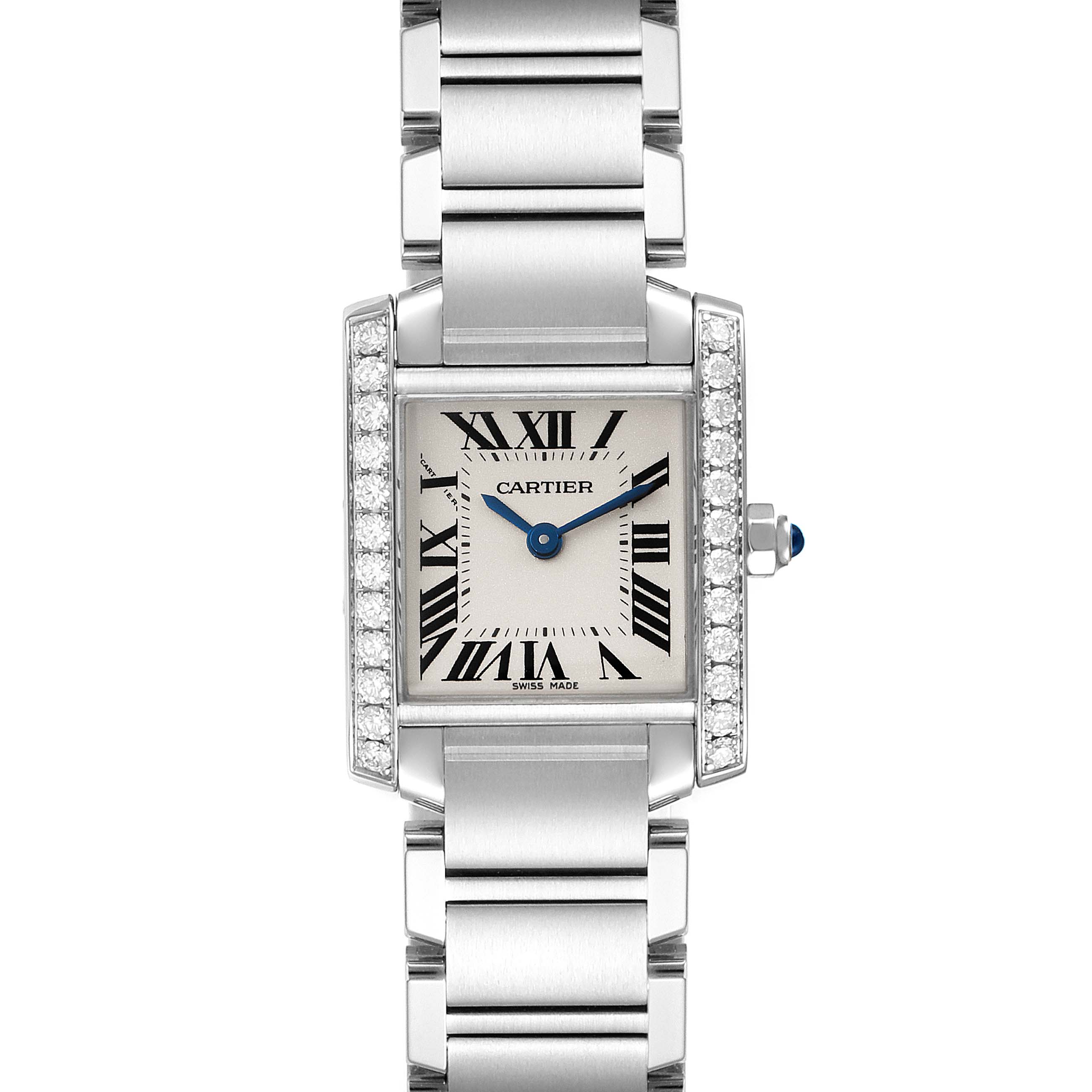 The image shows a front view of the Cartier Tank Francaise W4TA0008 Women's Stainless Steel Silver Dial W4TA0008 Women's Stainless Steel Silver Dial watch, featuring a rectangular face, Roman numerals, metal bracelet, and diamond accents.