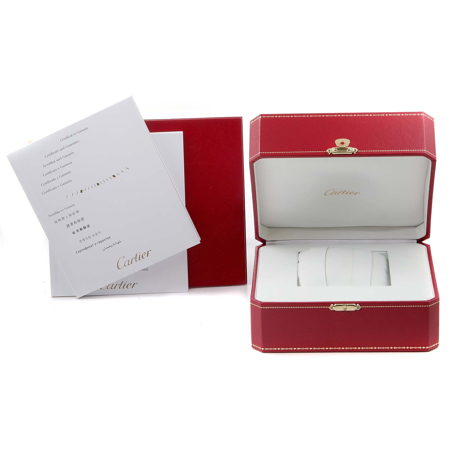 The image shows the packaging and documentation for the Cartier Tank Française watch, including a red box and instruction booklets.