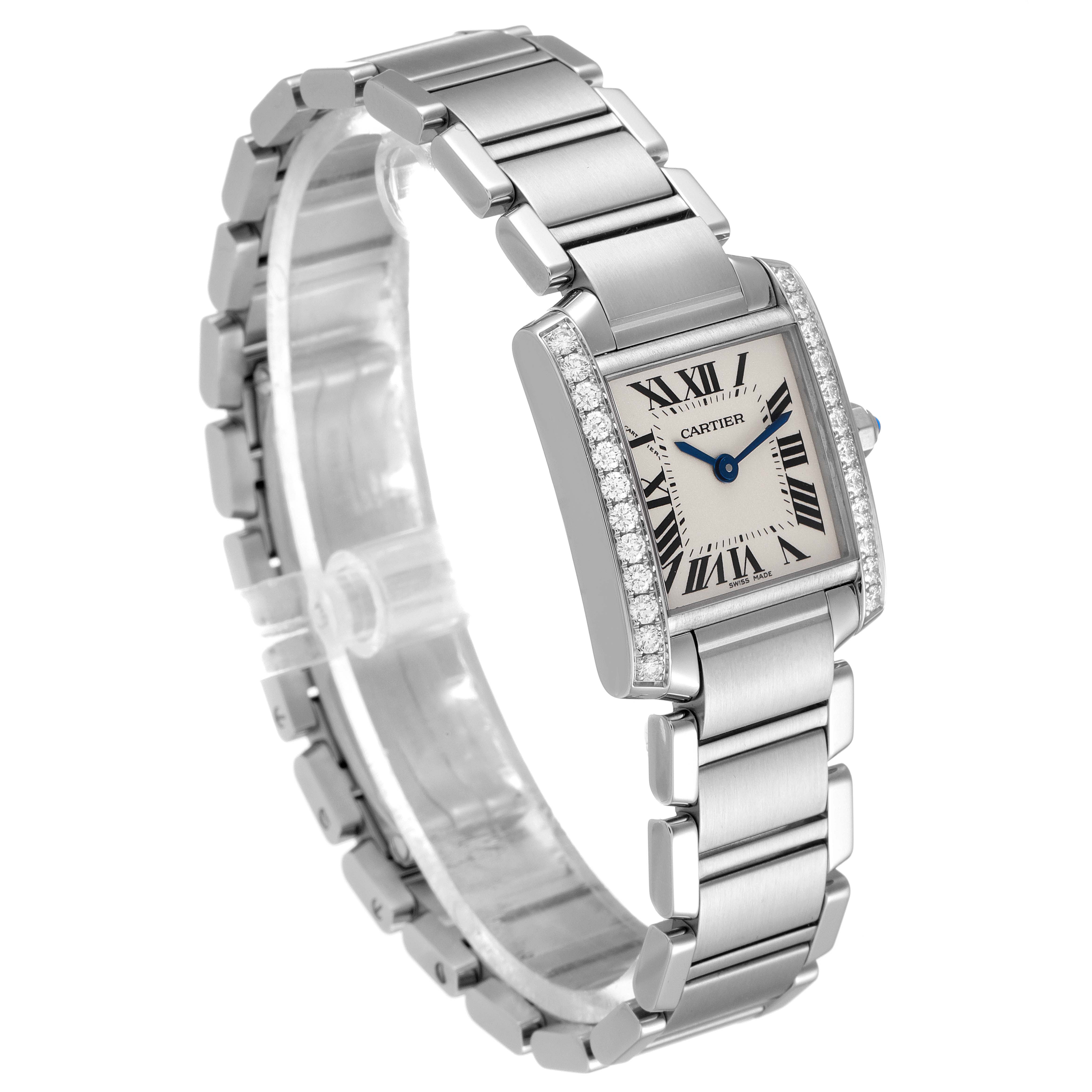 The image shows a Cartier Tank Francaise W4TA0008 Women's Stainless Steel Silver Dial W4TA0008 Women's Stainless Steel Silver Dial watch from an angled side view, highlighting the bracelet, case, and face with Roman numerals.