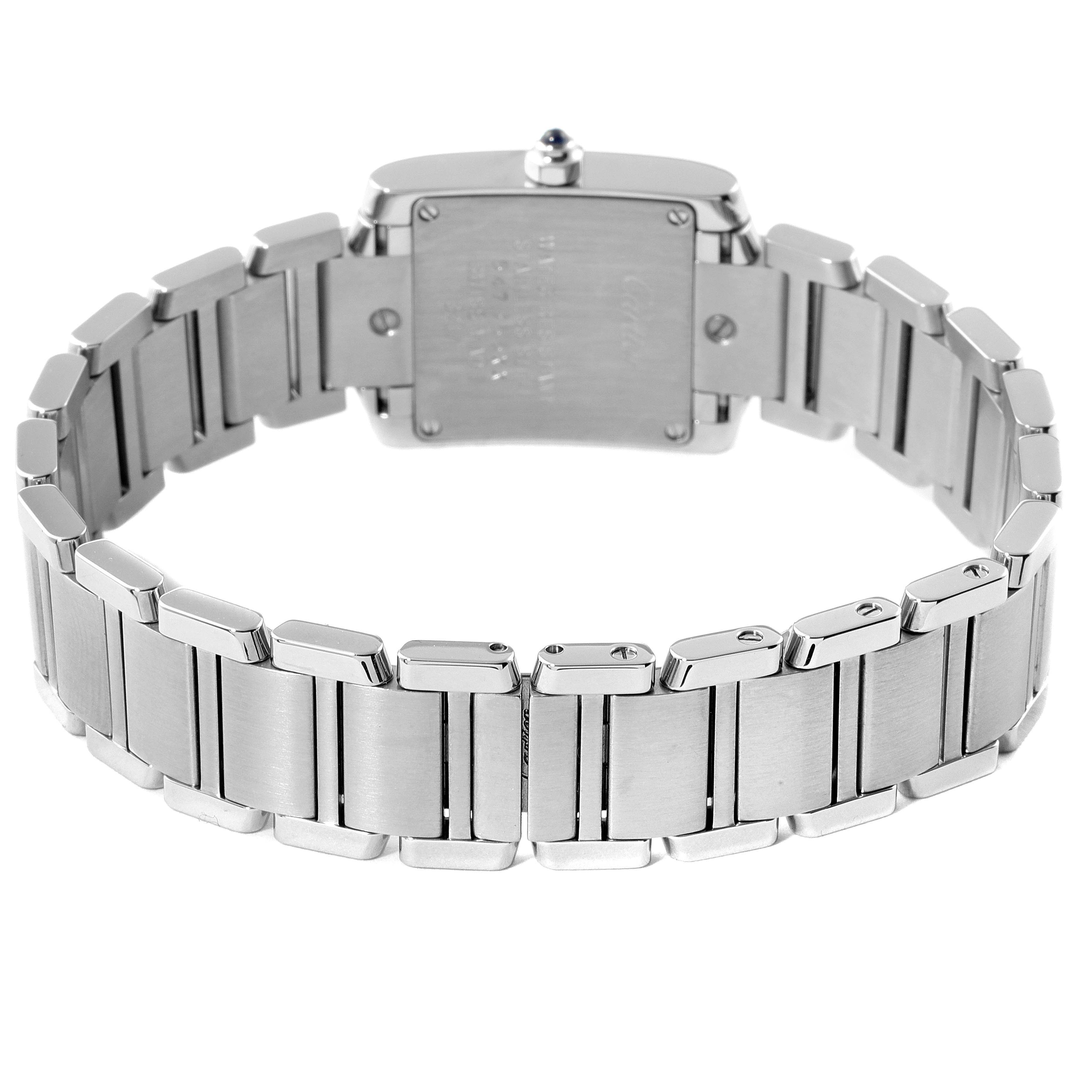 This image shows the back view of the Cartier Tank Francaise W4TA0008 Women's Stainless Steel Silver Dial W4TA0008 Women's Stainless Steel Silver Dial watch, focusing on its stainless steel bracelet and case.