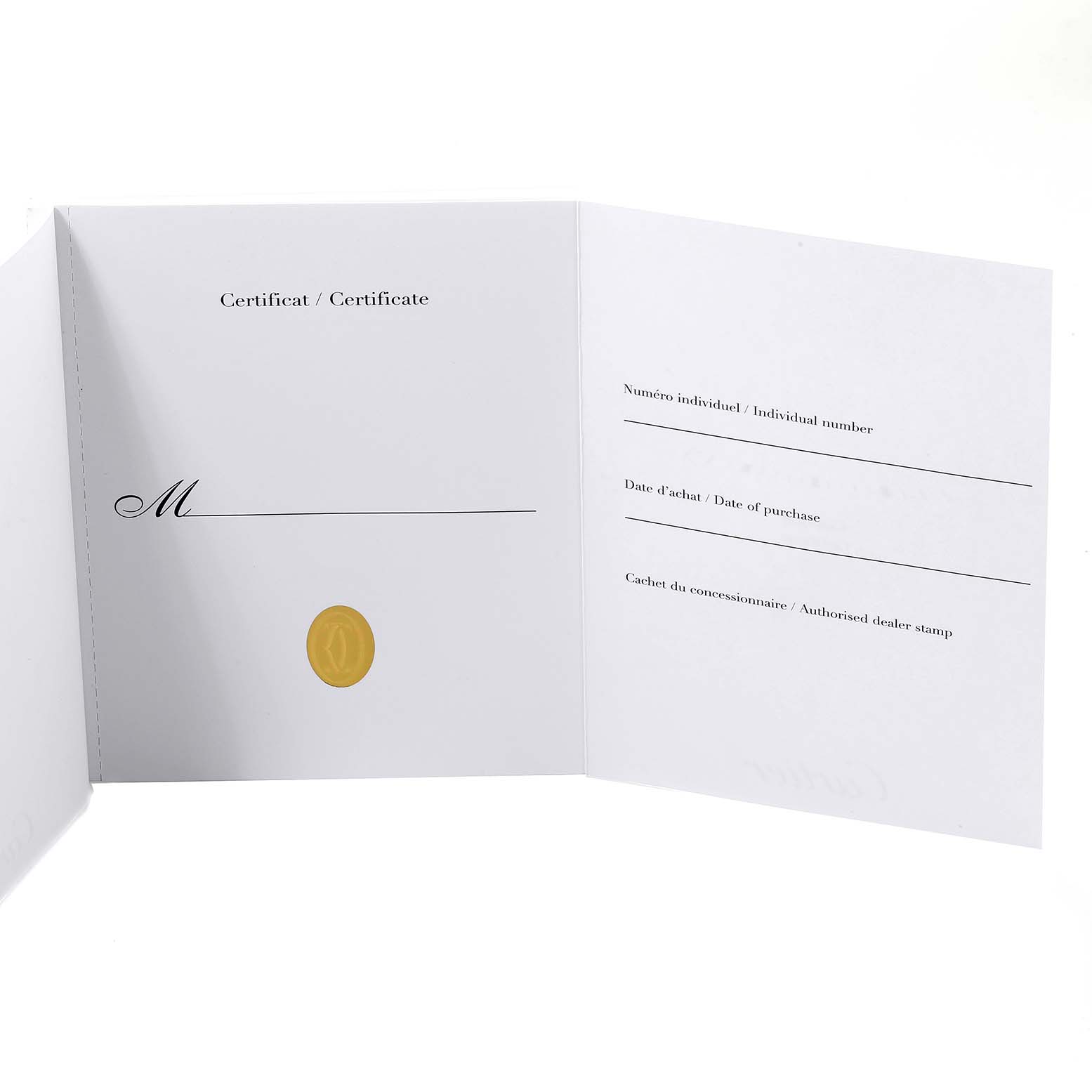 This image shows an open Certificate of Authenticity for a Cartier Tank Francaise W4TA0008 Women's Stainless Steel Silver Dial W4TA0008 Women's Stainless Steel Silver Dial watch.