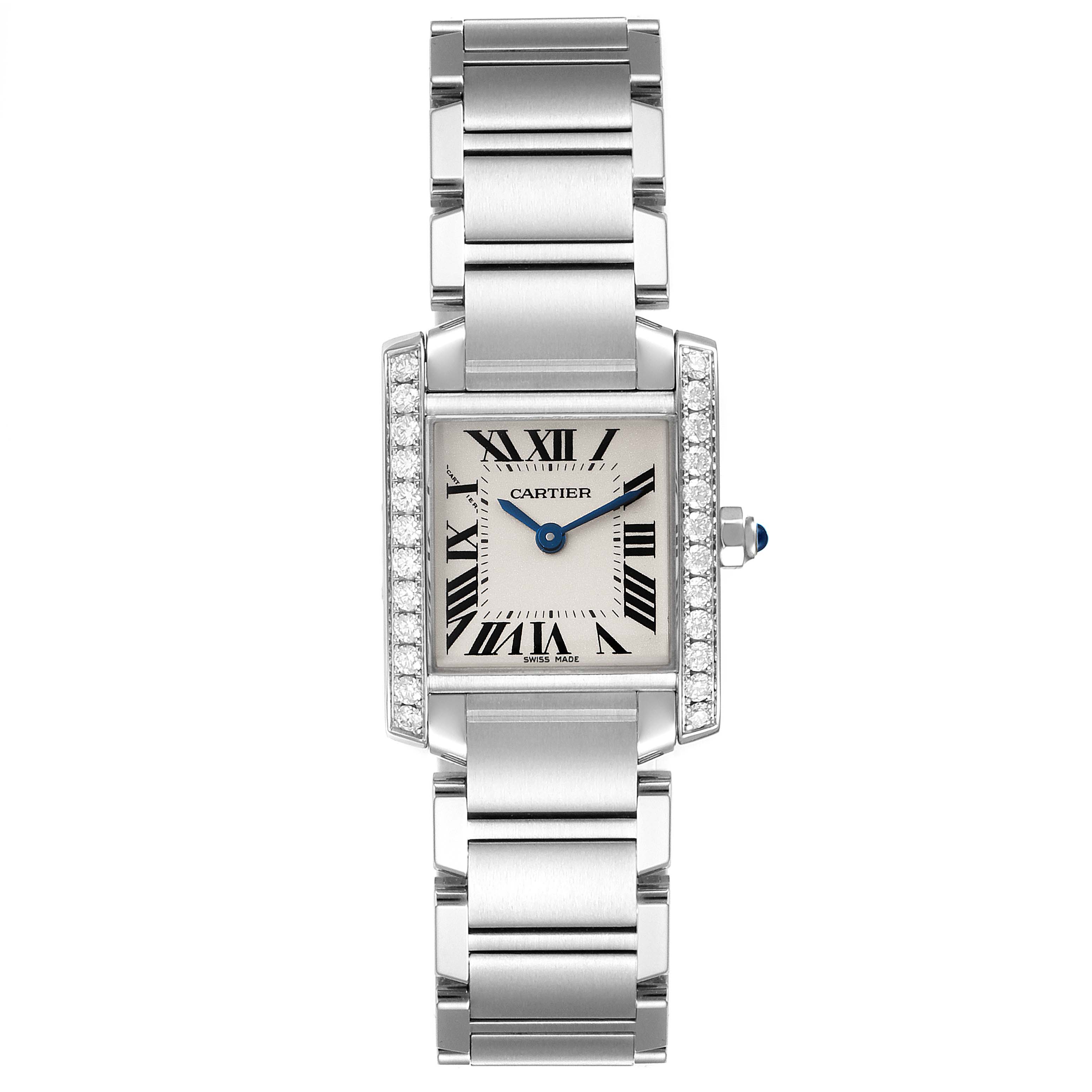 This image shows a Tank Française model by Cartier from a top-down view, highlighting its face and bracelet.