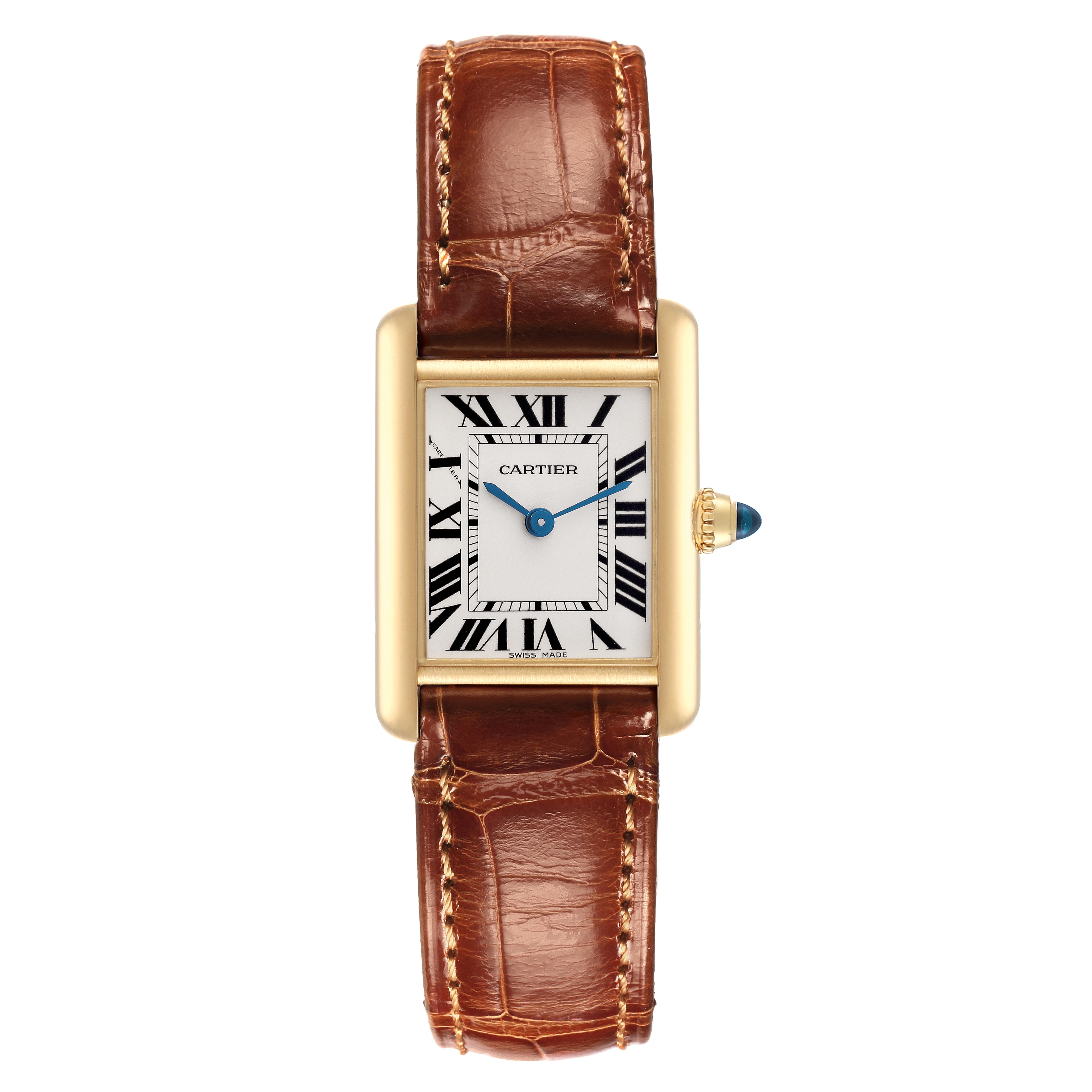 The Cartier Tank Louis W1529856 Women's Yellow Gold Silver Dial W1529856 Women's Yellow Gold Silver Dial watch is shown from the front, displaying its face, Roman numerals, brown leather strap, and crown.