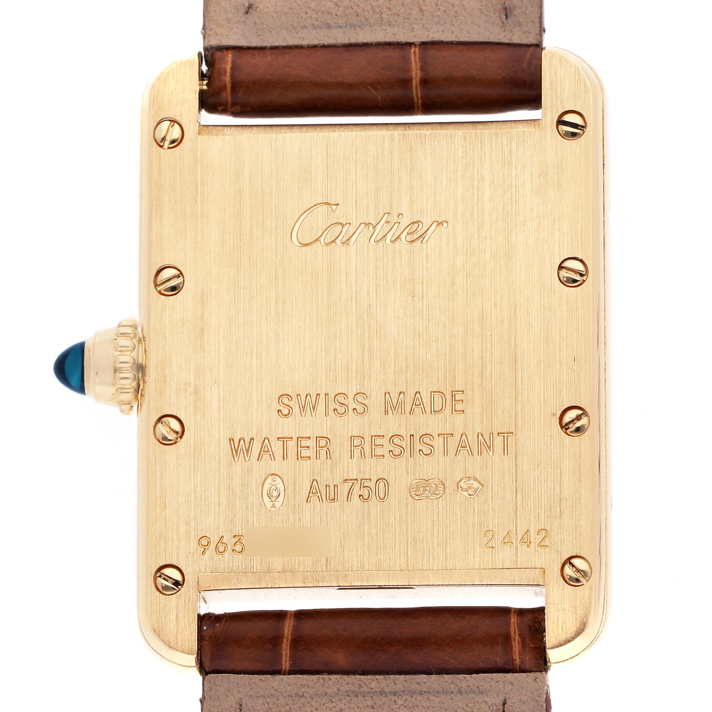 The image shows the back view of a Cartier Tank Louis W1529856 Women's Yellow Gold Silver Dial W1529856 Women's Yellow Gold Silver Dial watch, displaying the case back, screws, and leather strap.