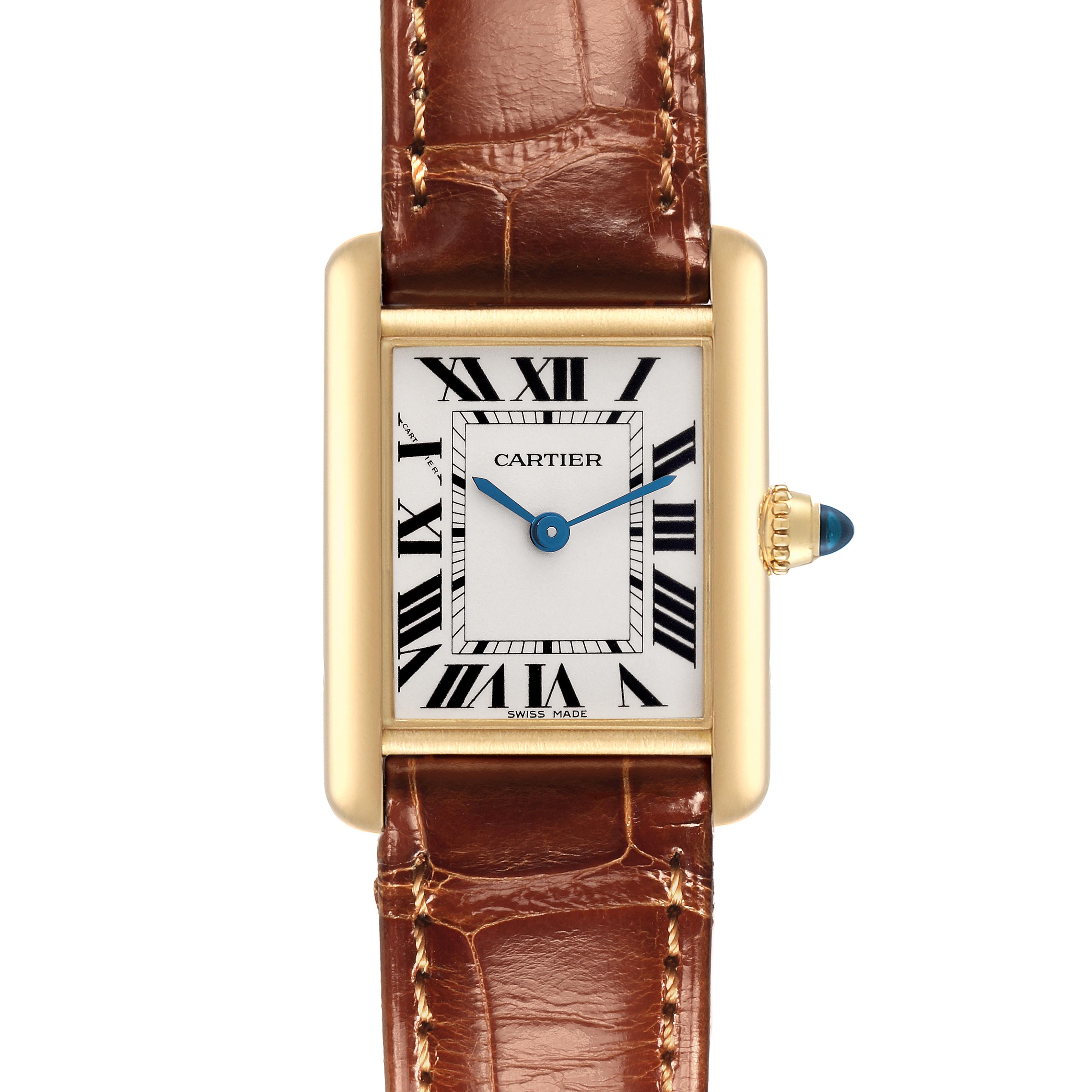 The Cartier Tank Louis W1529856 Women's Yellow Gold Silver Dial W1529856 Women's Yellow Gold Silver Dial watch is shown from the front, highlighting its rectangular case, Roman numerals, blue hands, and leather strap.