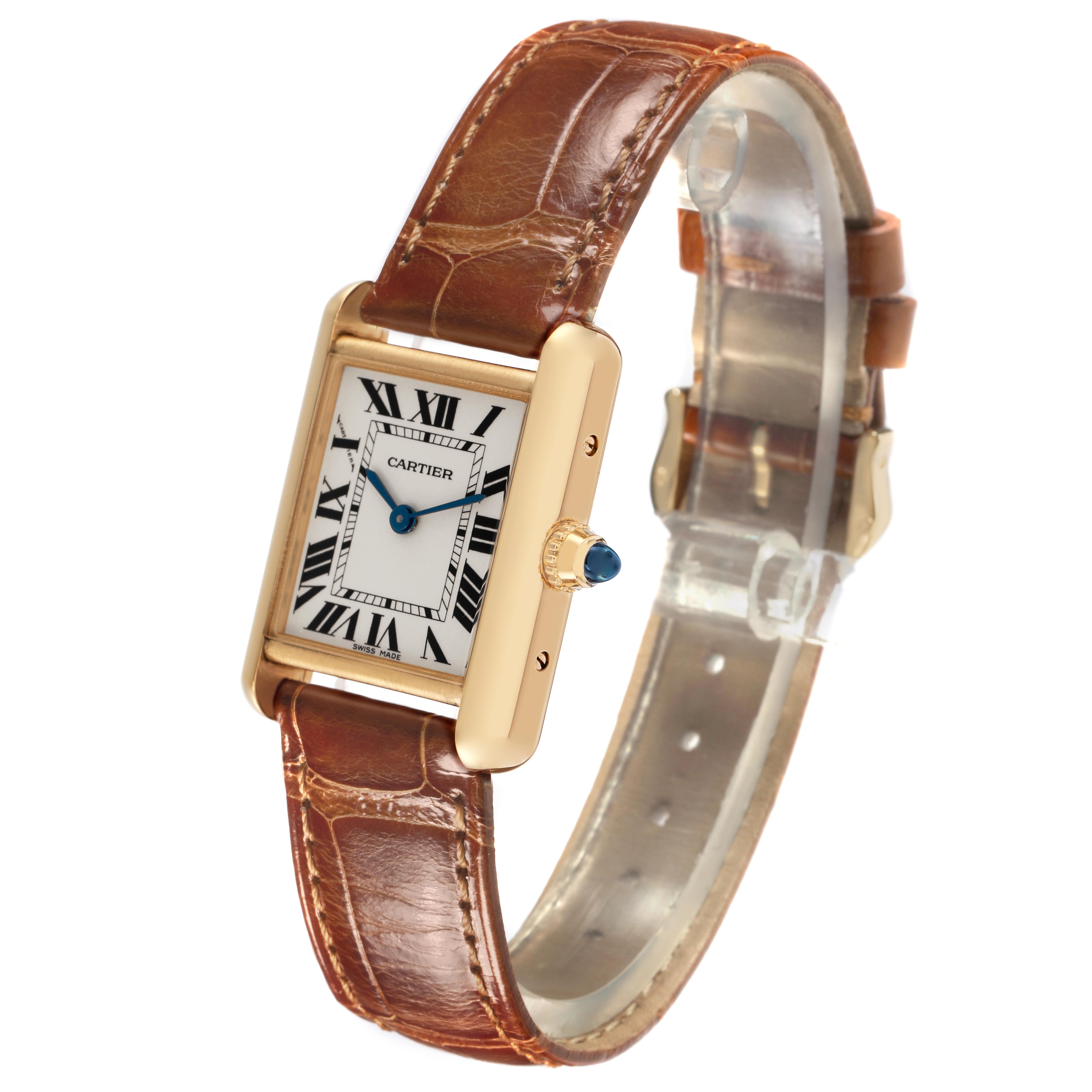 The Cartier Tank Louis W1529856 Women's Yellow Gold Silver Dial W1529856 Women's Yellow Gold Silver Dial watch is shown at an angled front view, highlighting the dial, case, crown, and leather strap.