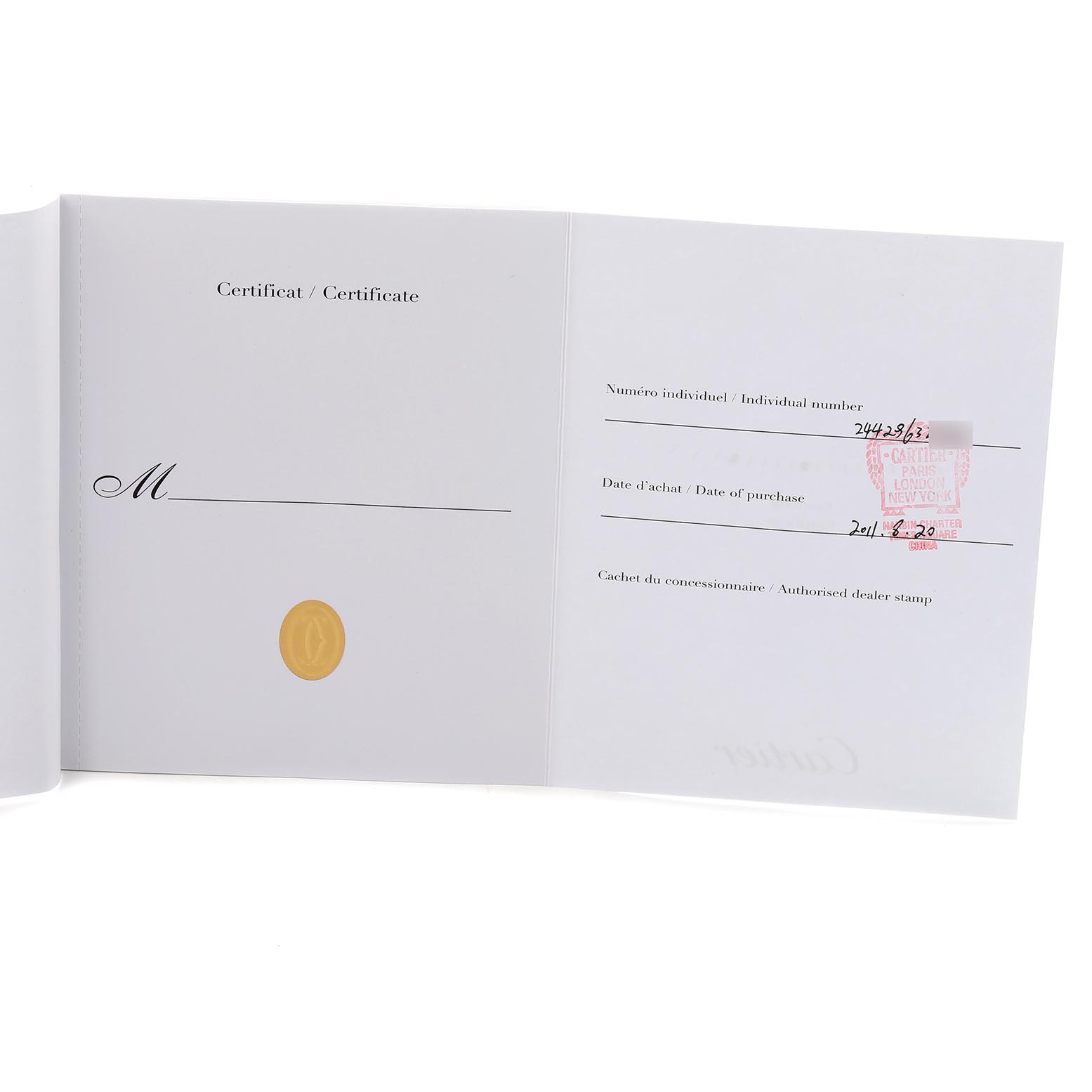 The image shows a certificate with purchase details and dealer information for the Tank Louis model by Cartier.