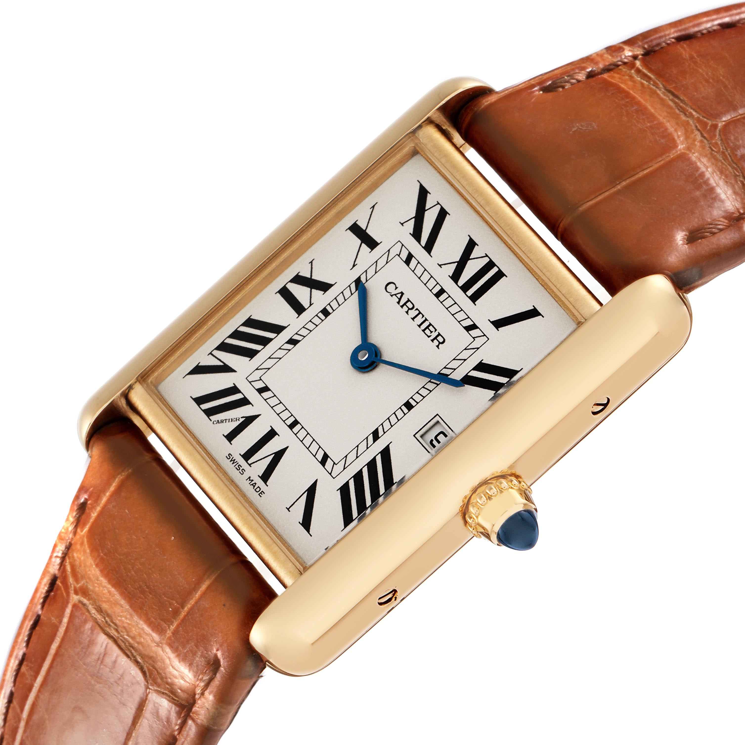 The Cartier Tank Louis W1529756 Men's Yellow Gold Silver Dial W1529756 Men's Yellow Gold Silver Dial watch is shown at an angle, highlighting its rectangular case, Roman numerals, blue hands, and leather strap.