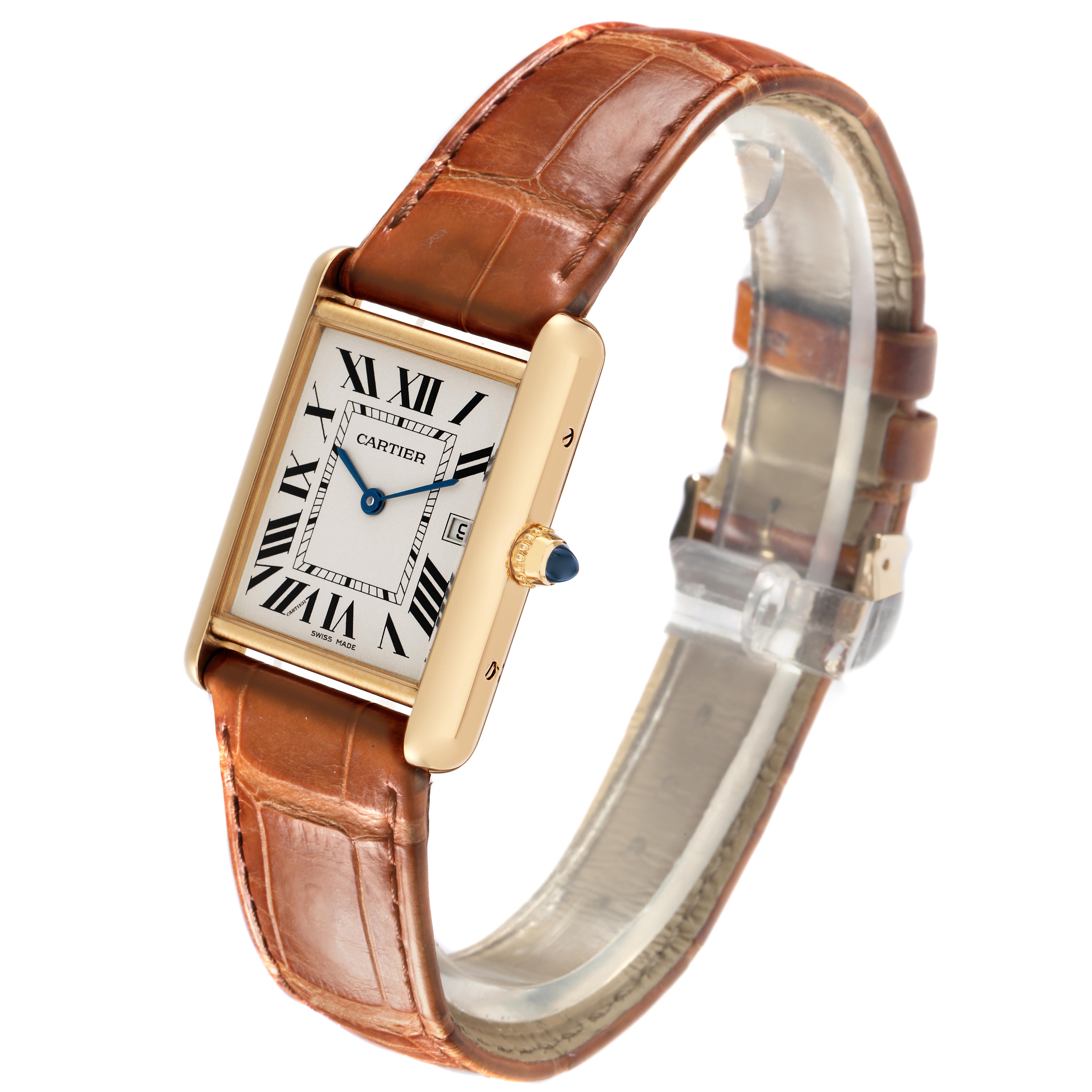 The Cartier Tank Louis W1529756 Men's Yellow Gold Silver Dial W1529756 Men's Yellow Gold Silver Dial watch is shown at a slight angle, highlighting its rectangular face and brown leather strap.