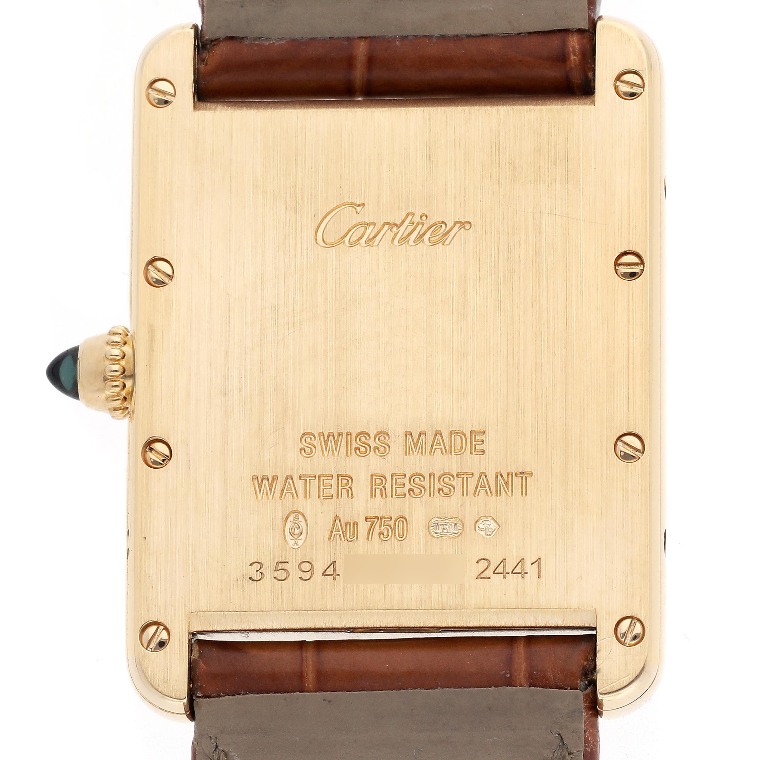 The image shows the back of a Cartier Tank Louis W1529756 Men's Yellow Gold Silver Dial W1529756 Men's Yellow Gold Silver Dial watch, displaying its gold case, crown, strap attachments, and engravings.