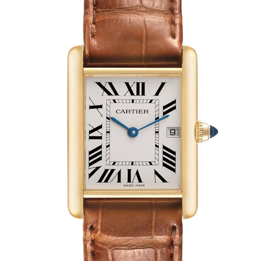 The Cartier Tank Louis watch is shown from a front angle, displaying the face, Roman numerals, gold case, and leather strap.