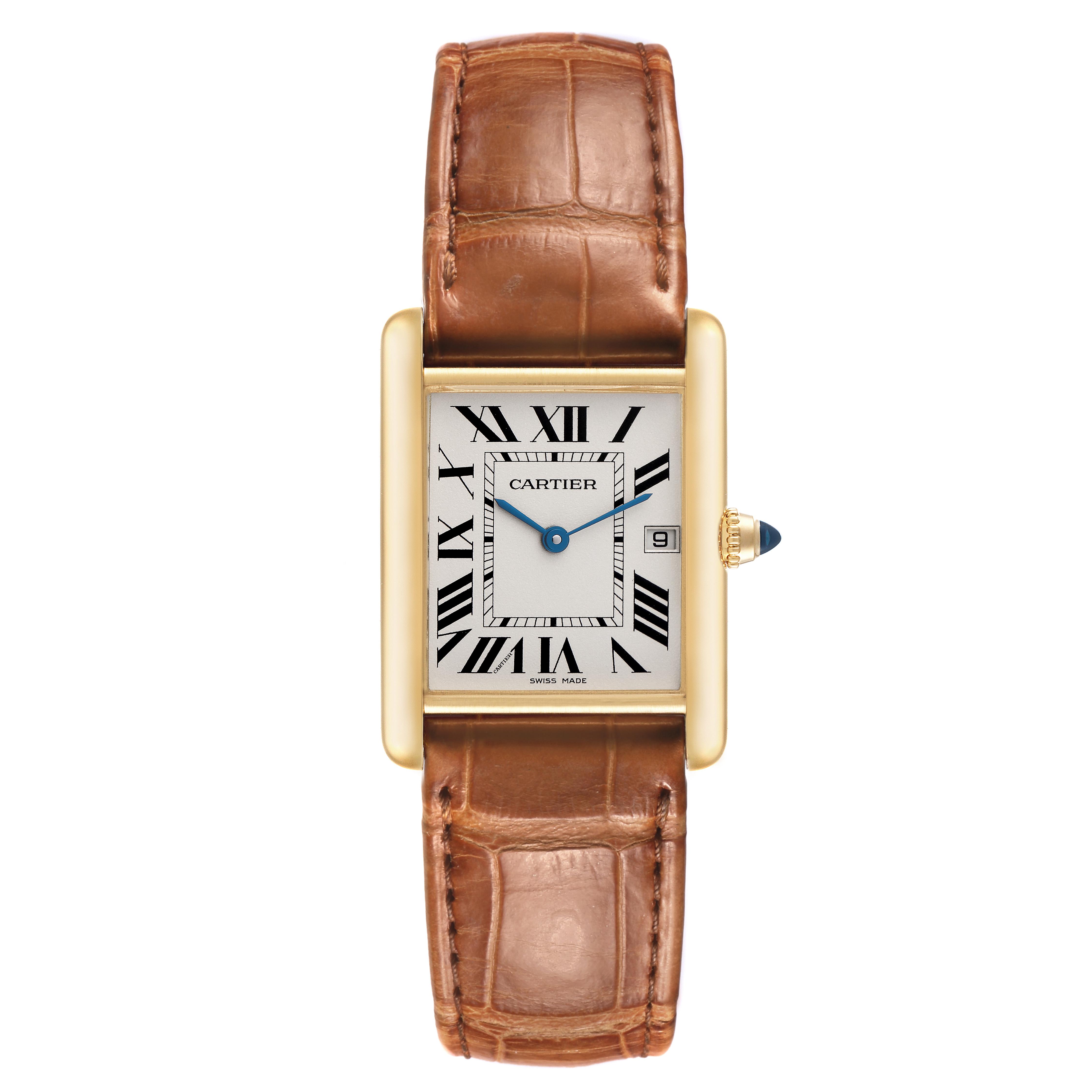 The Cartier Tank Louis W1529756 Men's Yellow Gold Silver Dial W1529756 Men's Yellow Gold Silver Dial watch is shown from the front, highlighting its face, bezel, crown, and leather strap.