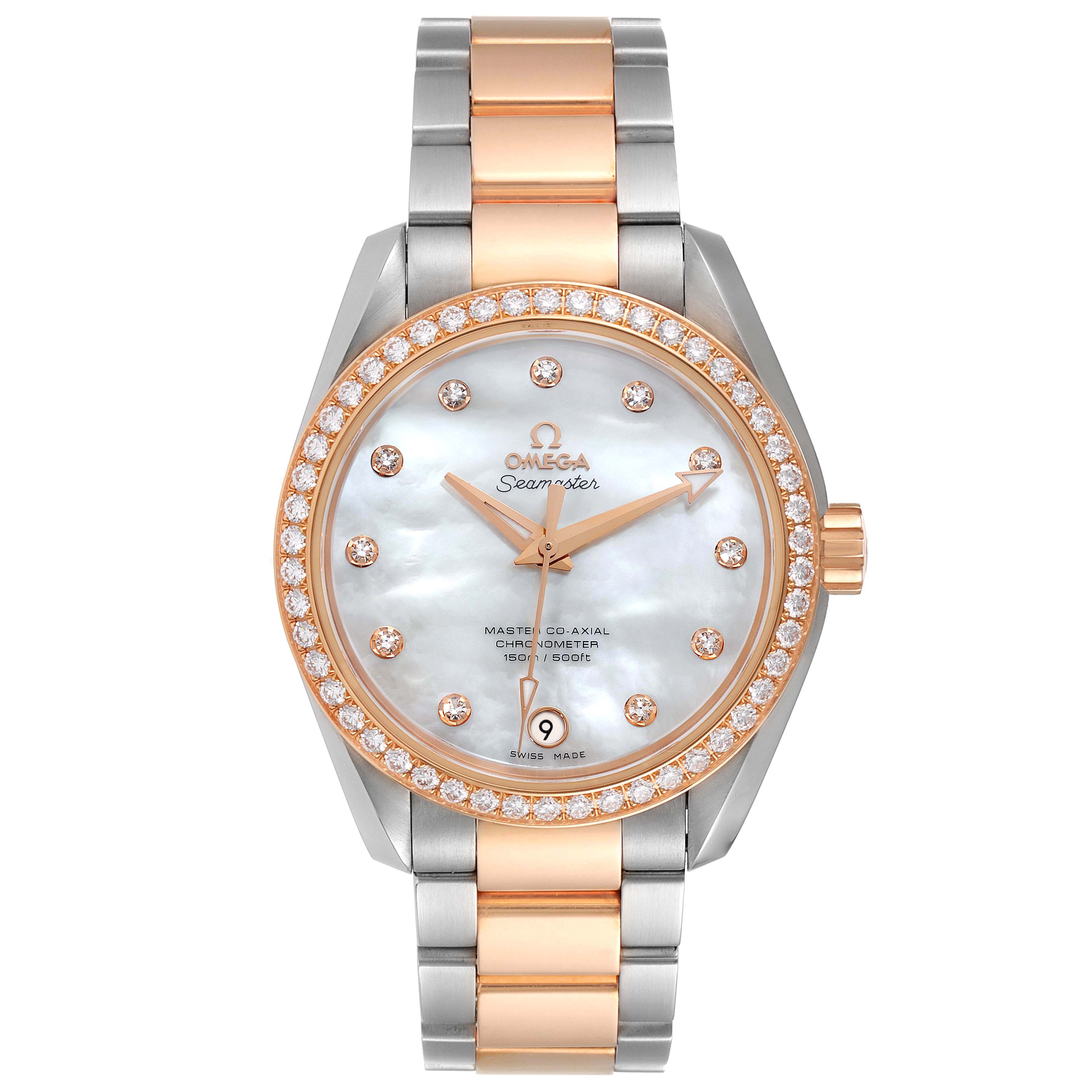 The image shows a frontal view of the Omega 231.25.39.21.55.001 Women's Steel and Gold (two tone) Mother of Pearl Dial 231.25.39.21.55.001 Women's Steel and Gold (two tone) Mother of Pearl Dial Aqua Terra Steel Rose Gold Diamond Ladies Watch 231.25.39.21.55.001.