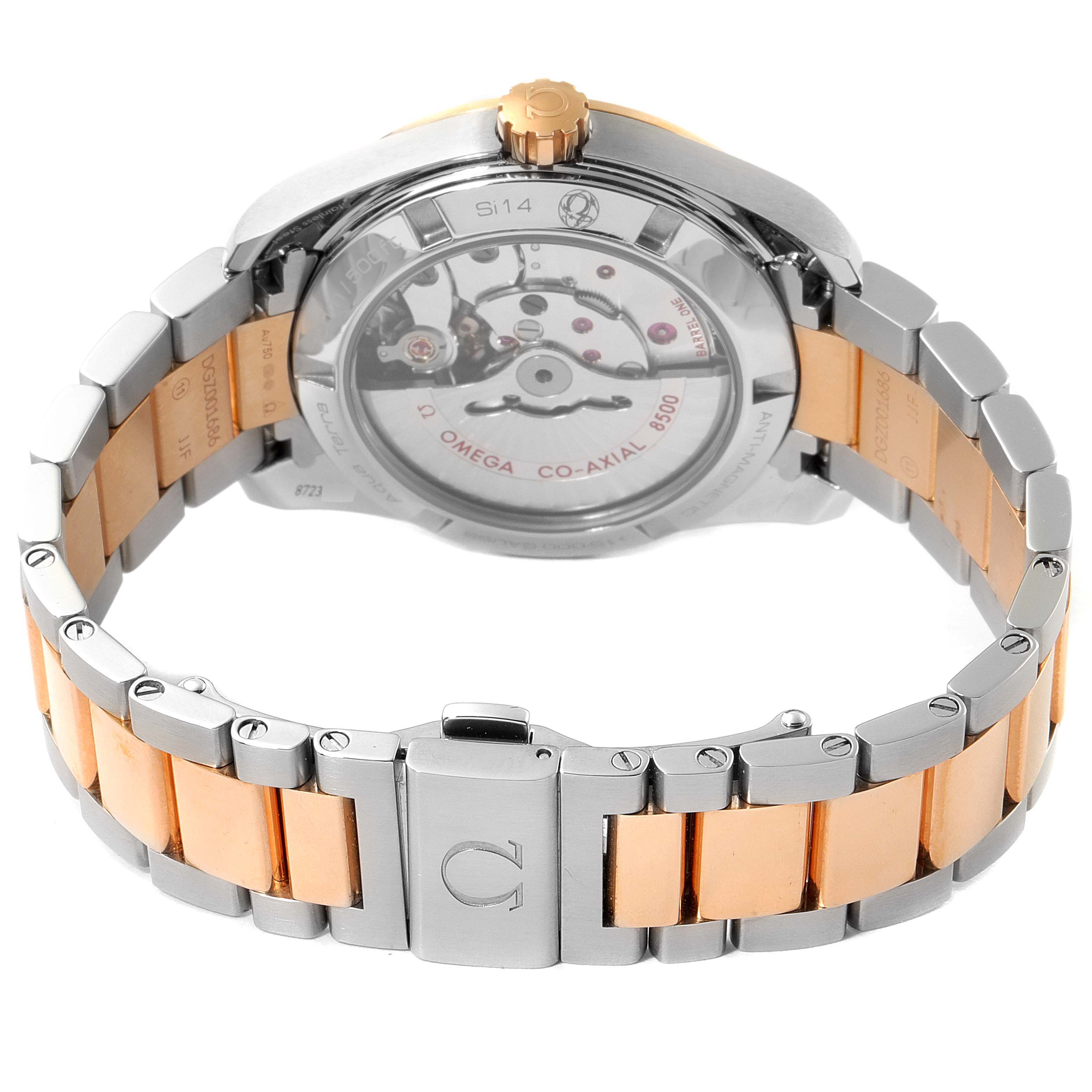 This image shows the back view of the Omega 231.25.39.21.55.001 Women's Steel and Gold (two tone) Mother of Pearl Dial 231.25.39.21.55.001 Women's Steel and Gold (two tone) Mother of Pearl Dial Aqua Terra Steel Rose Gold Diamond Ladies Watch model 231.25.39.21.55.001, highlighting the bracelet and clasp.