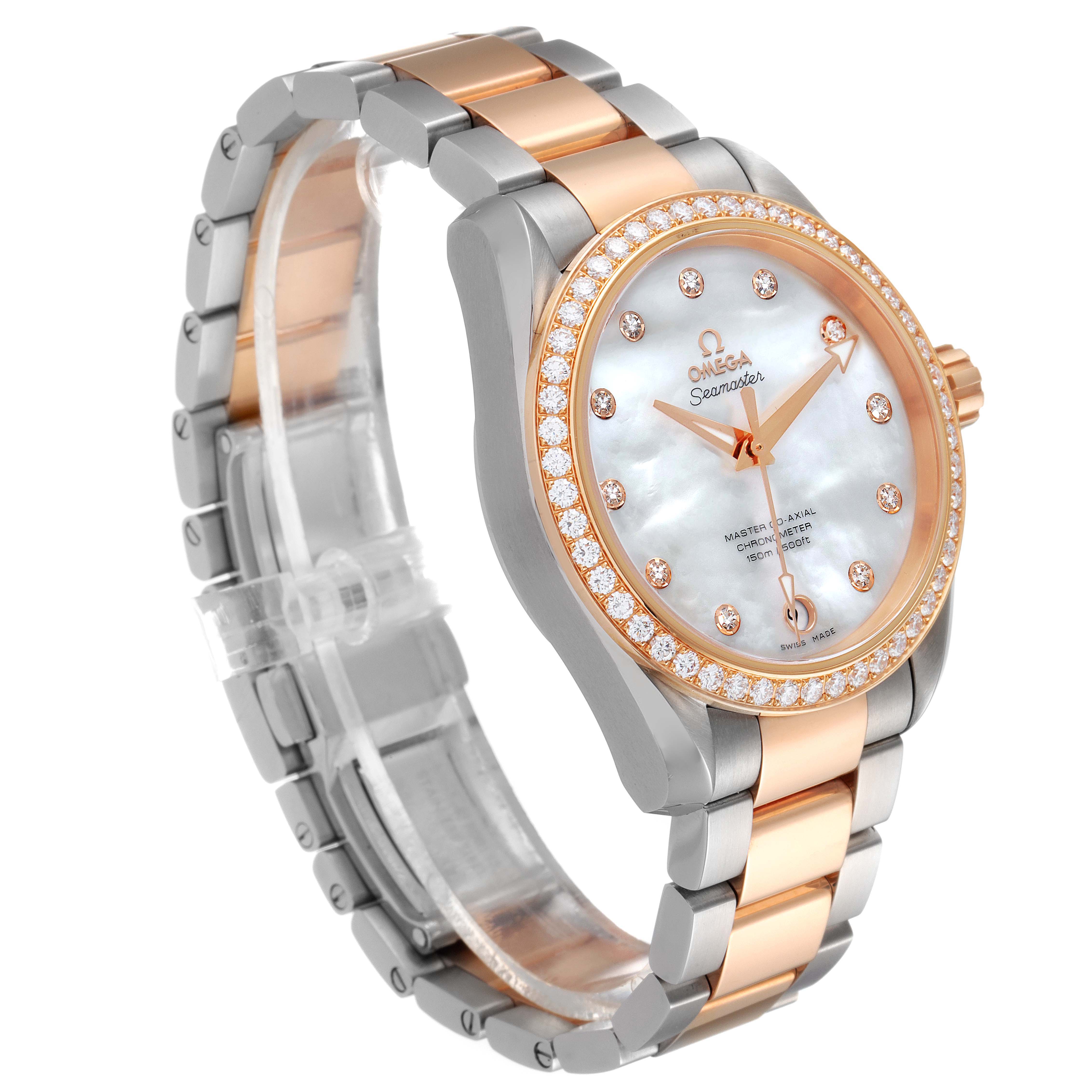 The image shows an angled view of the Omega 231.25.39.21.55.001 Women's Steel and Gold (two tone) Mother of Pearl Dial 231.25.39.21.55.001 Women's Steel and Gold (two tone) Mother of Pearl Dial Aqua Terra Steel Rose Gold Diamond Ladies Watch 231.25.39.21.55.001, highlighting the dial, bezel, and bracelet.