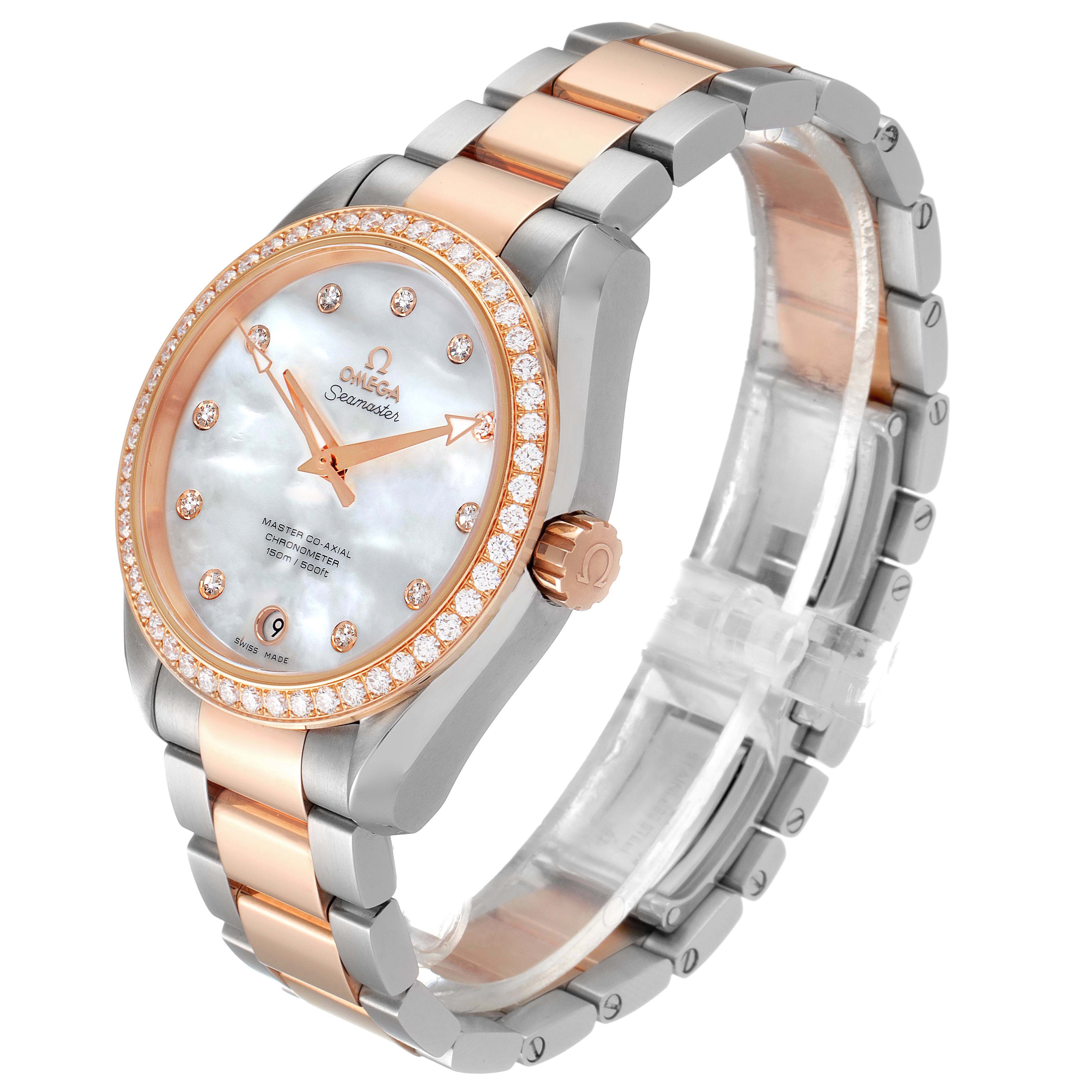 The image displays a side angle of the Omega 231.25.39.21.55.001 Women's Steel and Gold (two tone) Mother of Pearl Dial 231.25.39.21.55.001 Women's Steel and Gold (two tone) Mother of Pearl Dial Aqua Terra Steel Rose Gold Diamond Ladies Watch 231.25.39.21.55.001, showing the face and bracelet.