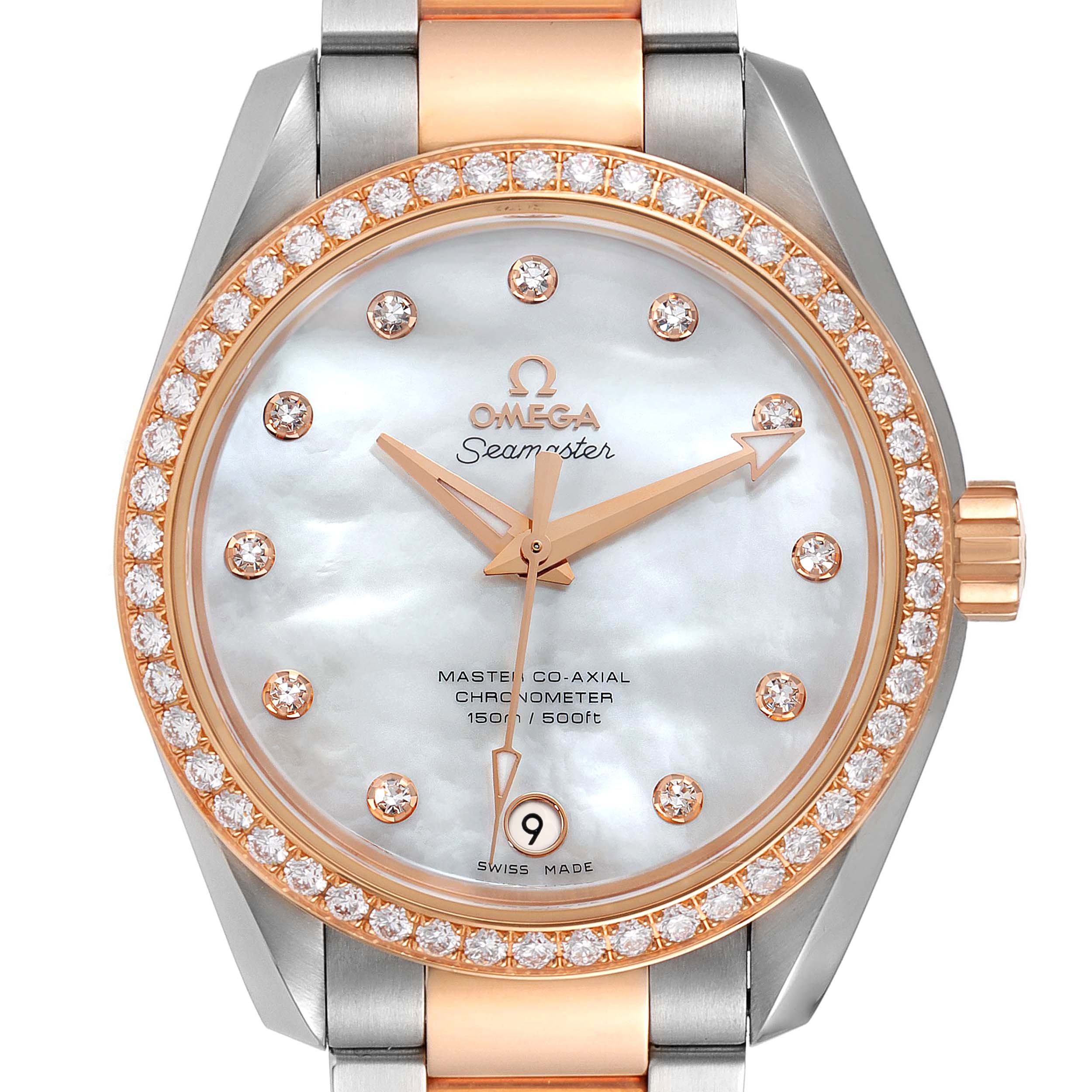 The image shows a front view of the Omega 231.25.39.21.55.001 Women's Steel and Gold (two tone) Mother of Pearl Dial 231.25.39.21.55.001 Women's Steel and Gold (two tone) Mother of Pearl Dial Aqua Terra Steel Rose Gold Diamond Ladies Watch 231.25.39.21.55.001.