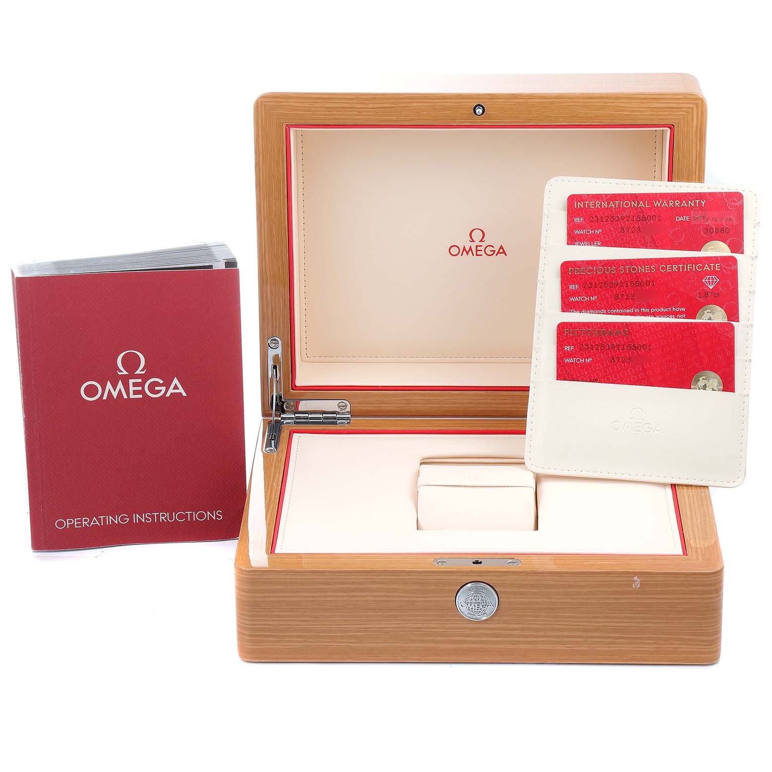 This image shows the box, warranty cards, and operating instructions for the Omega 231.25.39.21.55.001 Women's Steel and Gold (two tone) Mother of Pearl Dial 231.25.39.21.55.001 Women's Steel and Gold (two tone) Mother of Pearl Dial Aqua Terra Steel Rose Gold Diamond Ladies Watch 231.25.39.21.55.001.