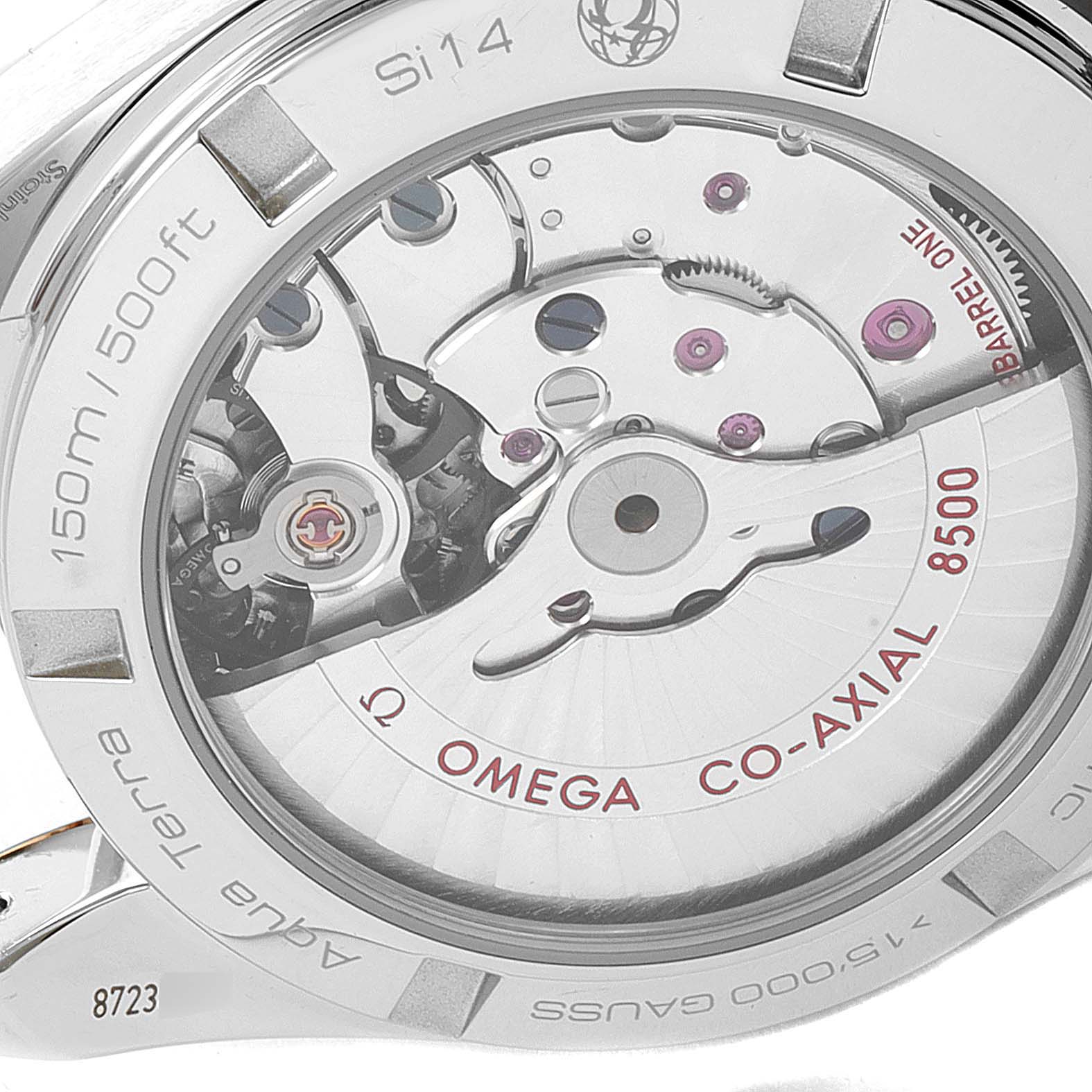 The image shows the back view of the Omega 231.25.39.21.55.001 Women's Steel and Gold (two tone) Mother of Pearl Dial 231.25.39.21.55.001 Women's Steel and Gold (two tone) Mother of Pearl Dial Aqua Terra Steel Rose Gold Diamond Ladies Watch 231.25.39.21.55.001, highlighting the Co-Axial 8500 movement.