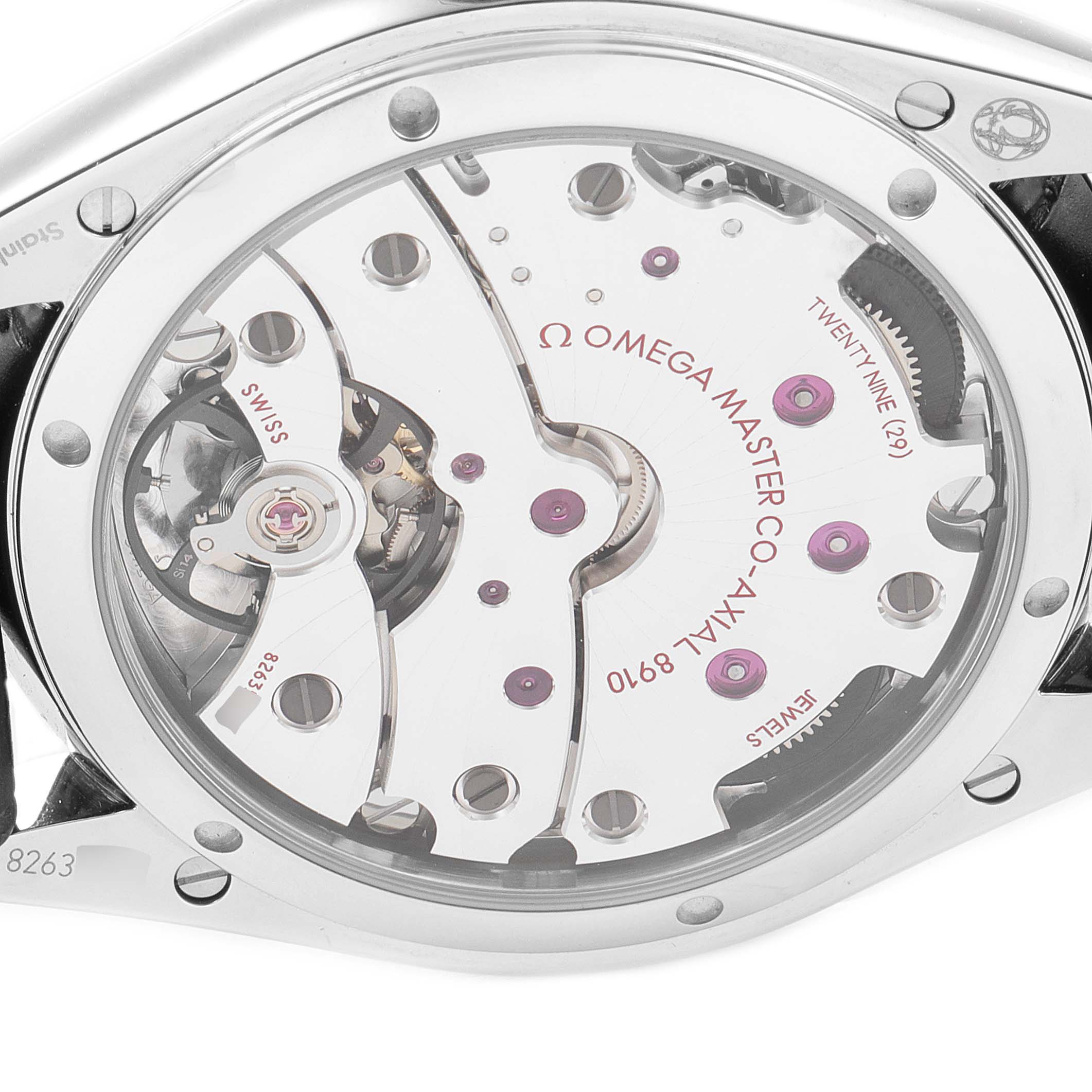 The image shows the rear view exposing the intricate internal movement of the Omega De Ville 435.13.40.21.03.001 Men's Stainless Steel Blue Dial 435.13.40.21.03.001 Men's Stainless Steel Blue Dial Master Co-Axial 8900.