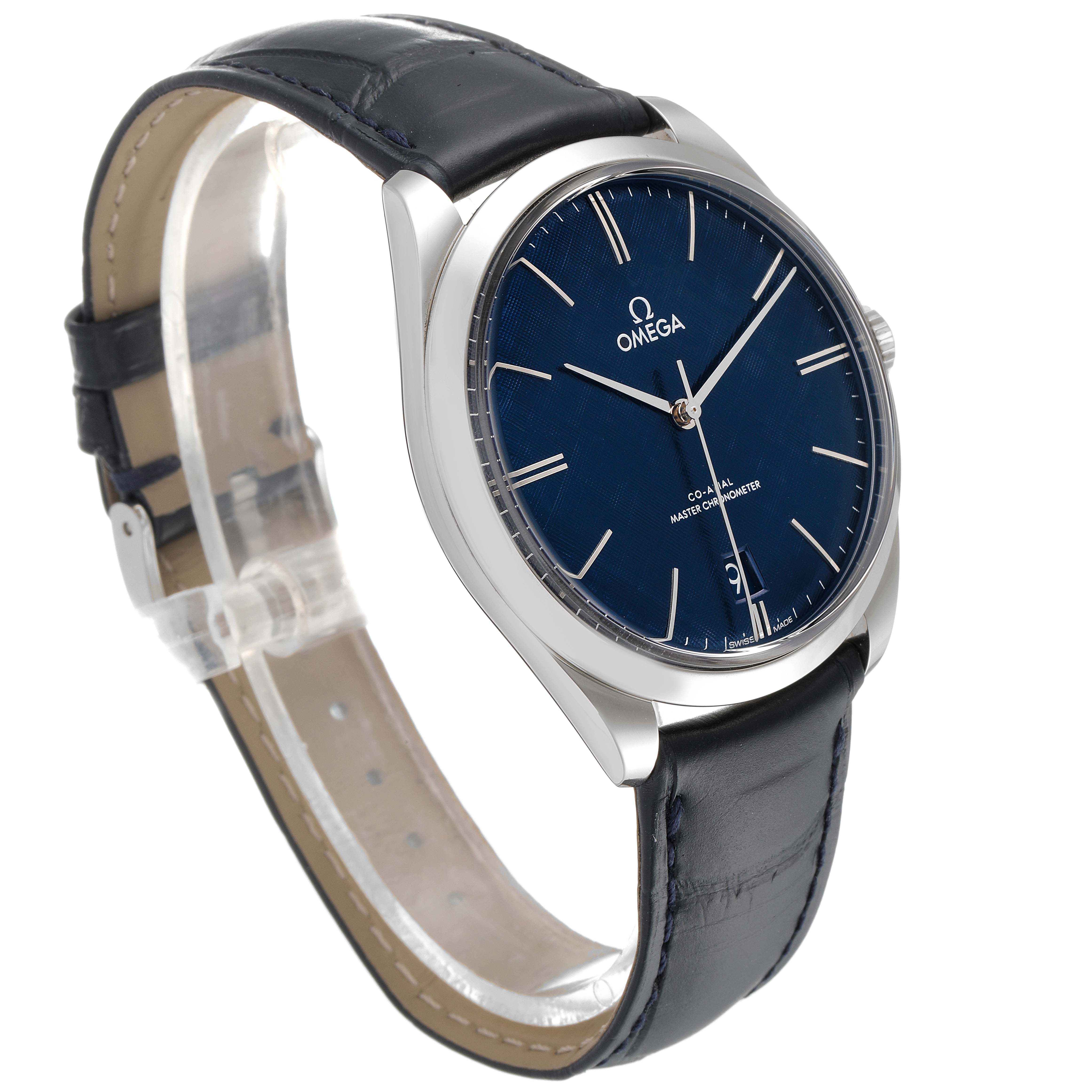 The watch is an Omega De Ville 435.13.40.21.03.001 Men's Stainless Steel Blue Dial 435.13.40.21.03.001 Men's Stainless Steel Blue Dial model shown at an angled view displaying the face, bezel, and leather strap.
