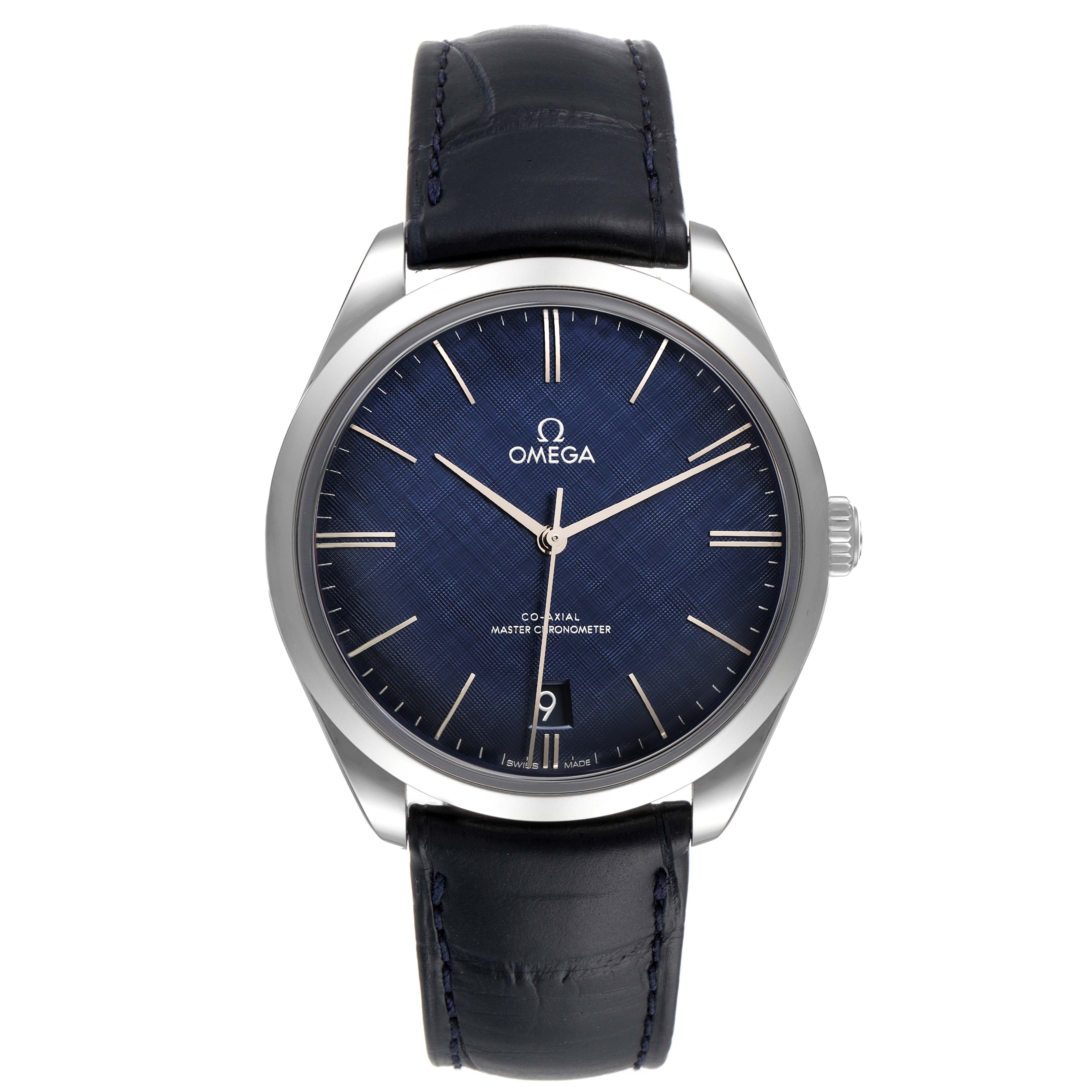 The Omega De Ville 435.13.40.21.03.001 Men's Stainless Steel Blue Dial 435.13.40.21.03.001 Men's Stainless Steel Blue Dial model watch is shown from a front angle, highlighting its blue dial, silver casing, and black leather strap.