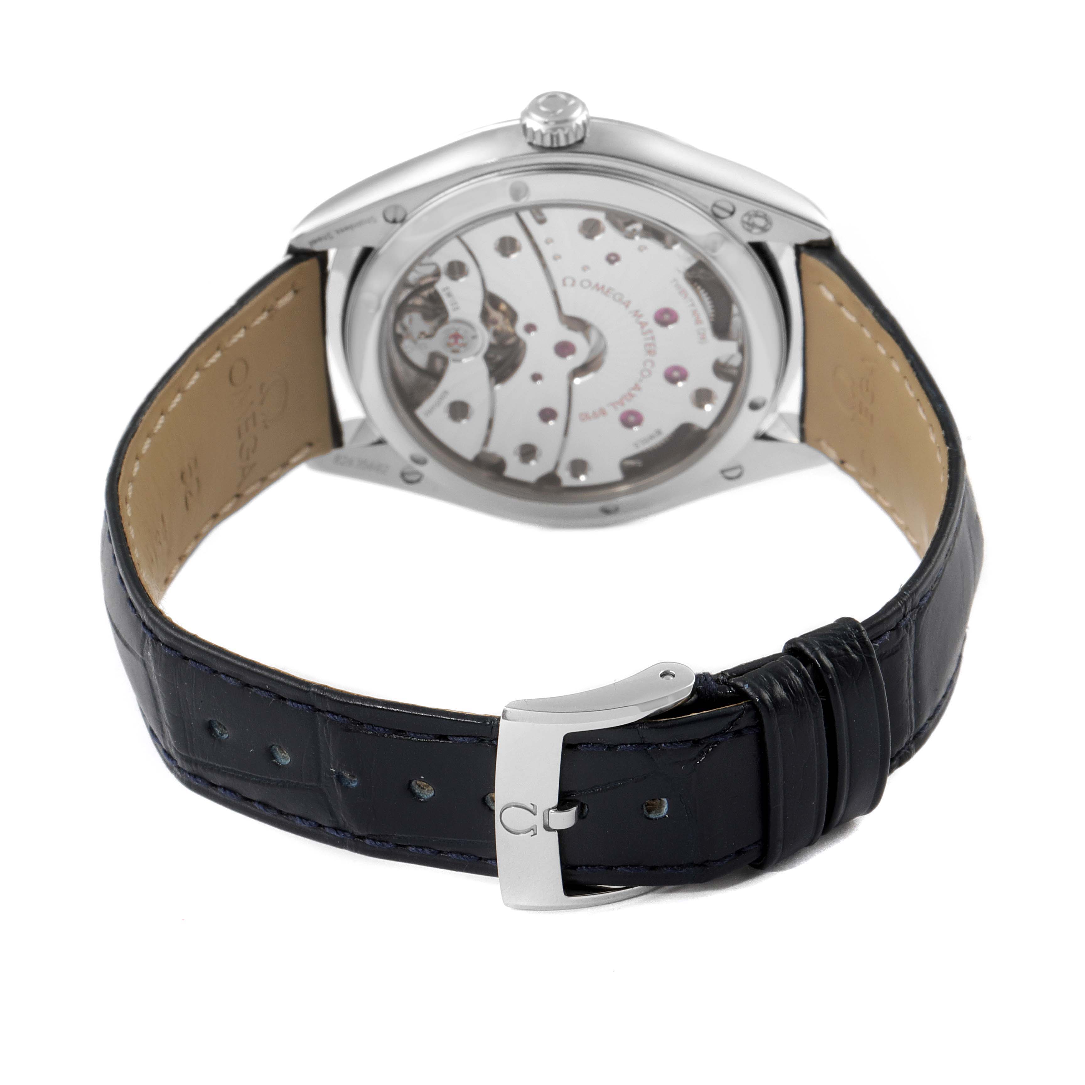 The image shows the back view of an Omega De Ville 435.13.40.21.03.001 Men's Stainless Steel Blue Dial 435.13.40.21.03.001 Men's Stainless Steel Blue Dial watch, highlighting its movement and leather strap with a metal buckle.