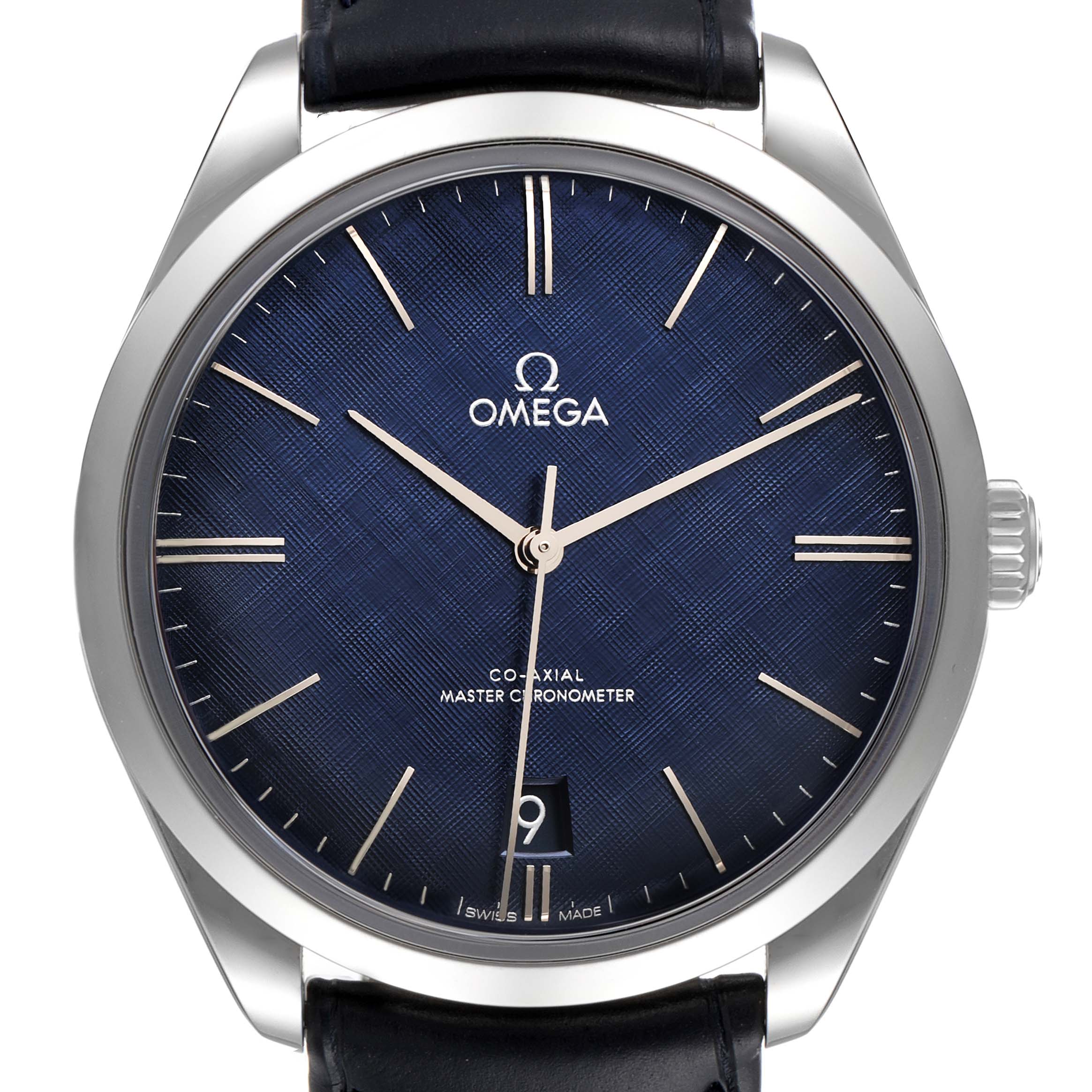 This image shows a front view of an Omega De Ville 435.13.40.21.03.001 Men's Stainless Steel Blue Dial 435.13.40.21.03.001 Men's Stainless Steel Blue Dial watch, highlighting its blue dial, silver-tone hands, and black leather strap.