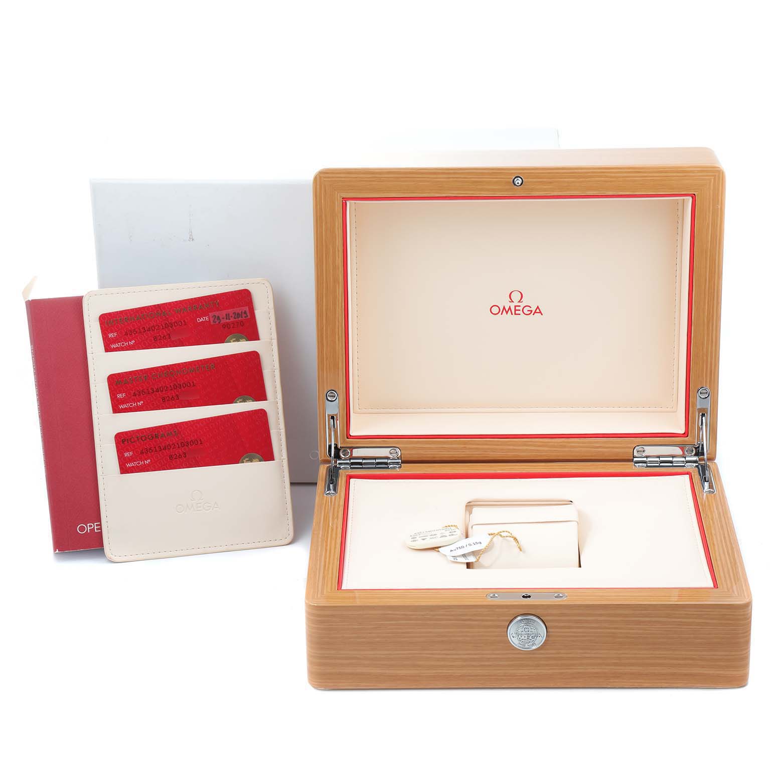 The image shows an open Omega De Ville 435.13.40.21.03.001 Men's Stainless Steel Blue Dial 435.13.40.21.03.001 Men's Stainless Steel Blue Dial watch box with accompanying cards and documentation.