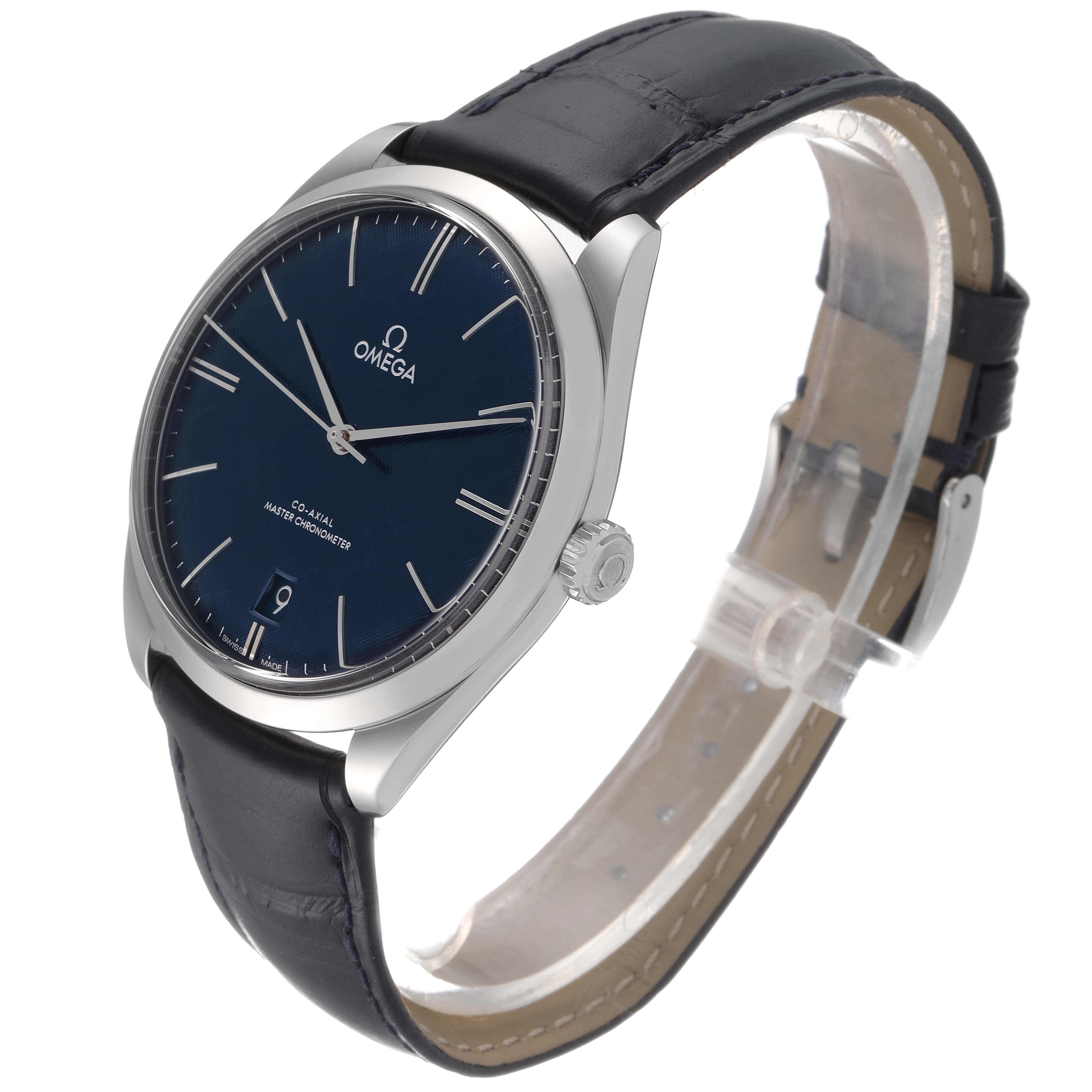 The image shows an Omega De Ville 435.13.40.21.03.001 Men's Stainless Steel Blue Dial 435.13.40.21.03.001 Men's Stainless Steel Blue Dial watch with a blue dial and a black leather strap, angled slightly from the right side.