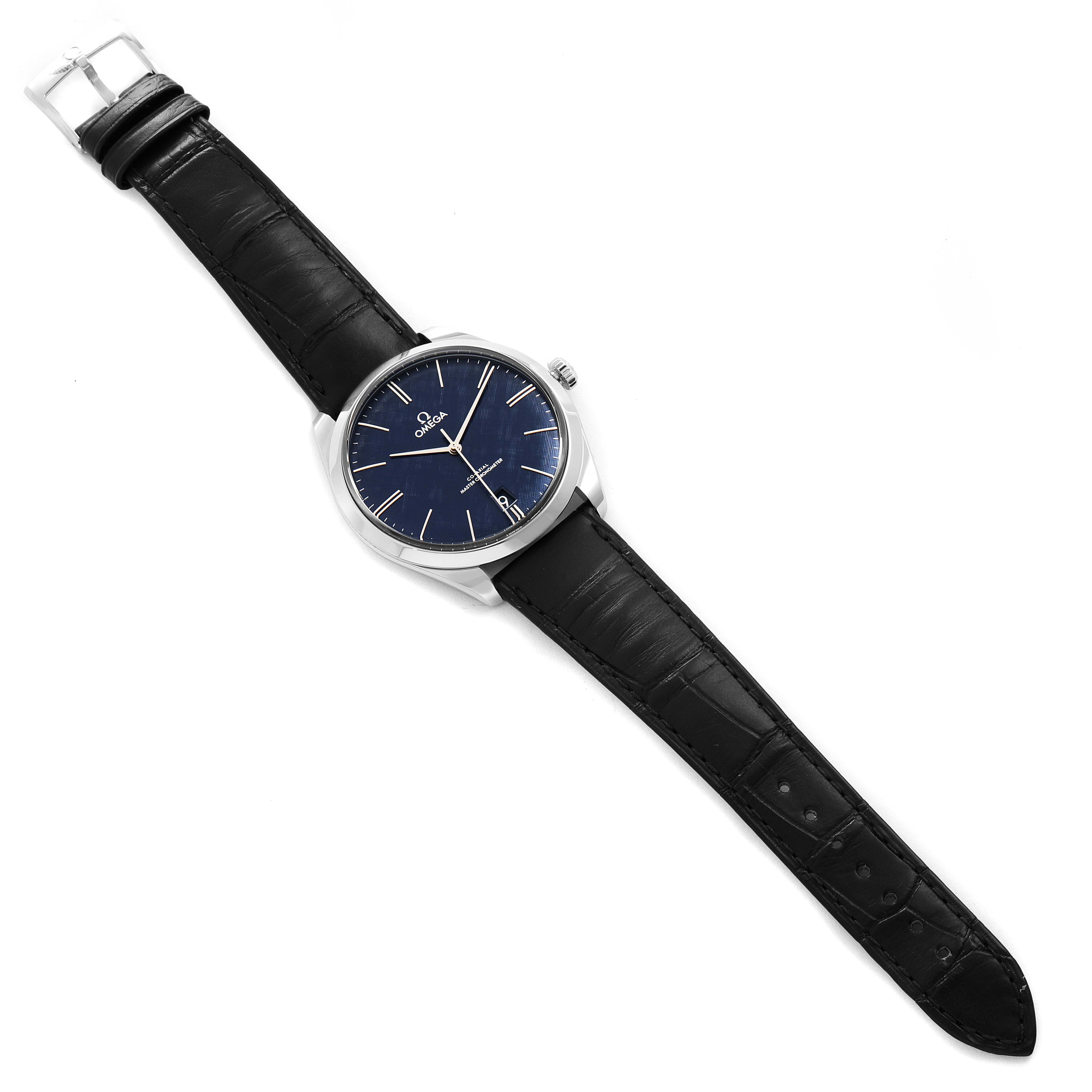 The image shows an Omega De Ville 435.13.40.21.03.001 Men's Stainless Steel Blue Dial 435.13.40.21.03.001 Men's Stainless Steel Blue Dial watch with a black leather strap and a blue dial, viewed from above.