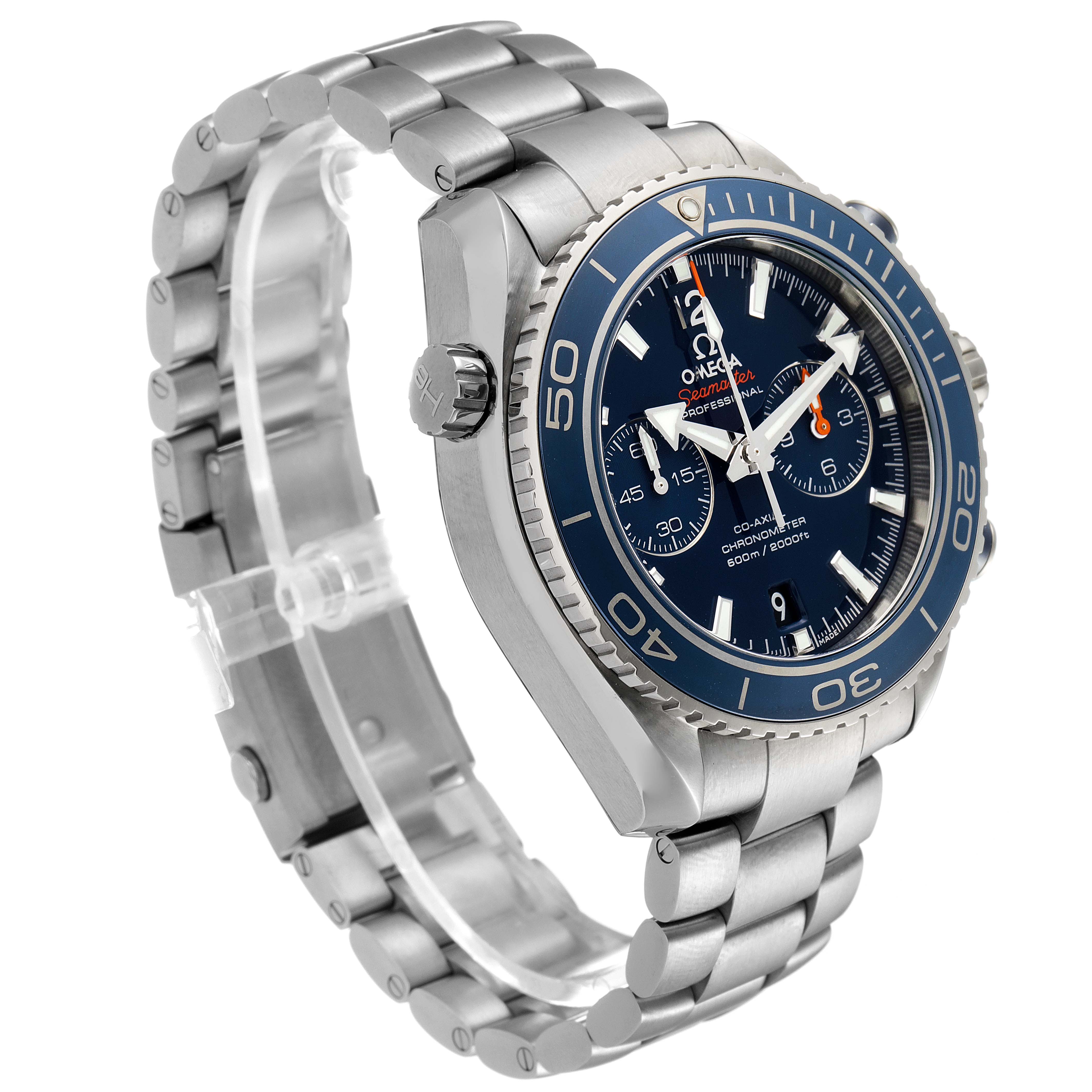 The image shows an angled view of an Omega Planet Ocean 232.90.46.51.03.001 Men's Titanium Blue Dial 232.90.46.51.03.001 Men's Titanium Blue Dial model watch, displaying the face, bezel, crown, and bracelet.