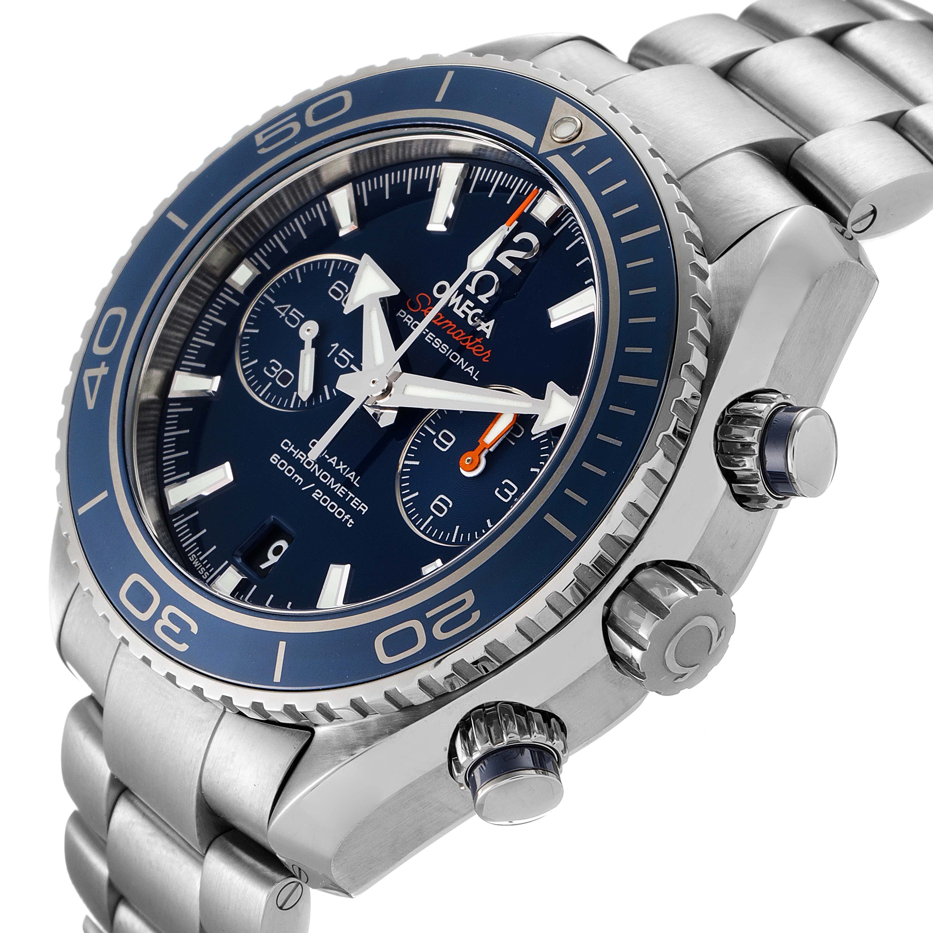The image shows a side and front angle of the Omega Planet Ocean 232.90.46.51.03.001 Men's Titanium Blue Dial 232.90.46.51.03.001 Men's Titanium Blue Dial watch, displaying its bezel, dial, pushers, and crown.