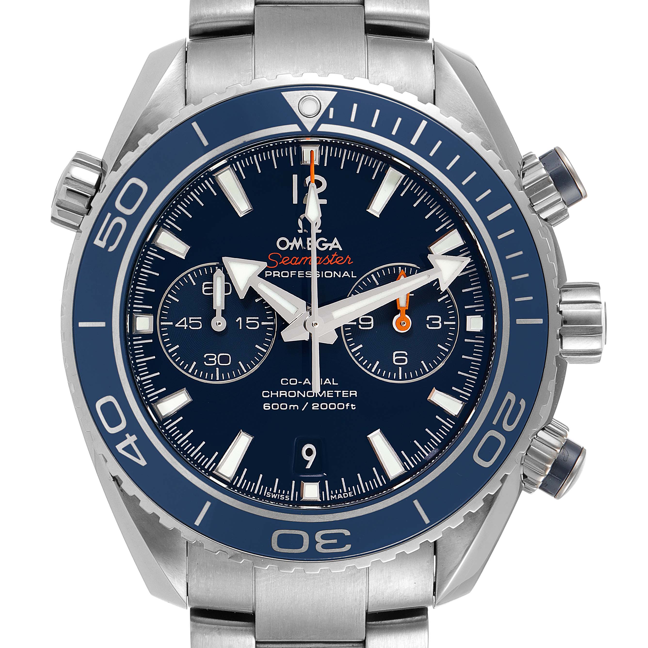 The image shows the front face of an Omega Planet Ocean 232.90.46.51.03.001 Men's Titanium Blue Dial 232.90.46.51.03.001 Men's Titanium Blue Dial watch, highlighting its bezel, dial, subdials, and bracelet.