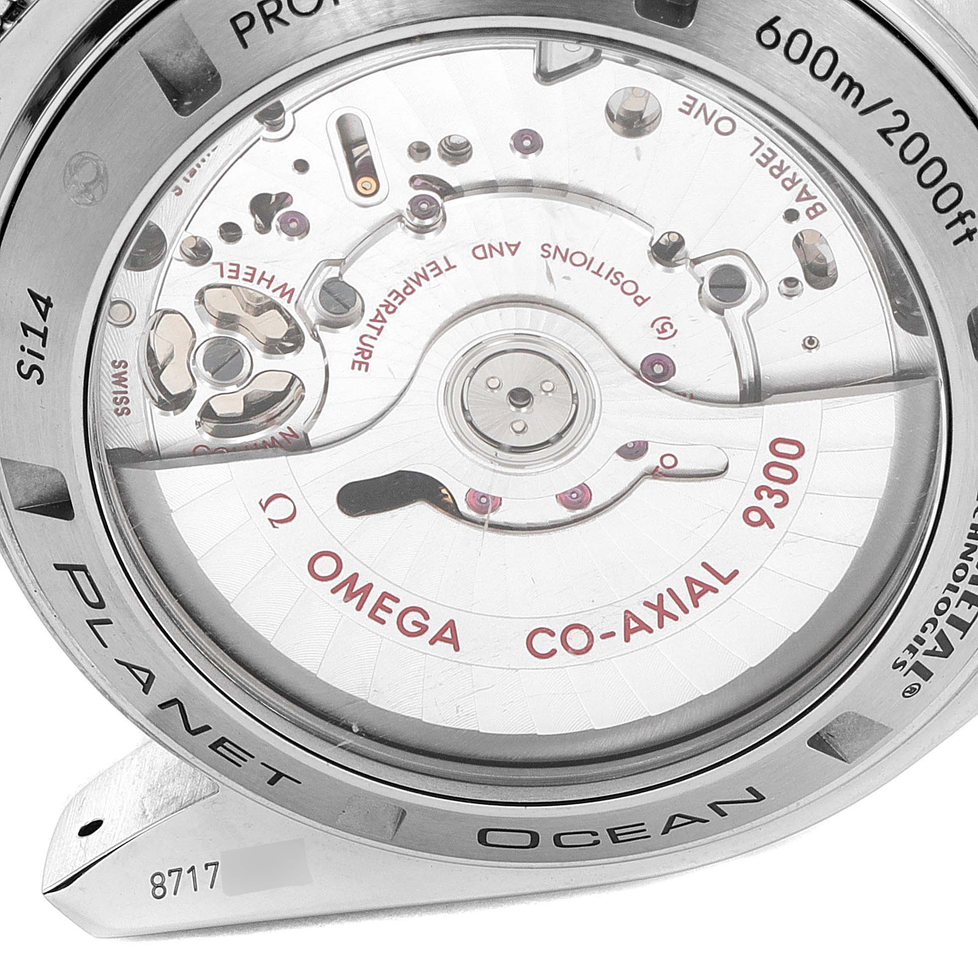 This is a close-up of the back view of an Omega Planet Ocean 232.90.46.51.03.001 Men's Titanium Blue Dial 232.90.46.51.03.001 Men's Titanium Blue Dial watch, showing its inner mechanics and engravings.