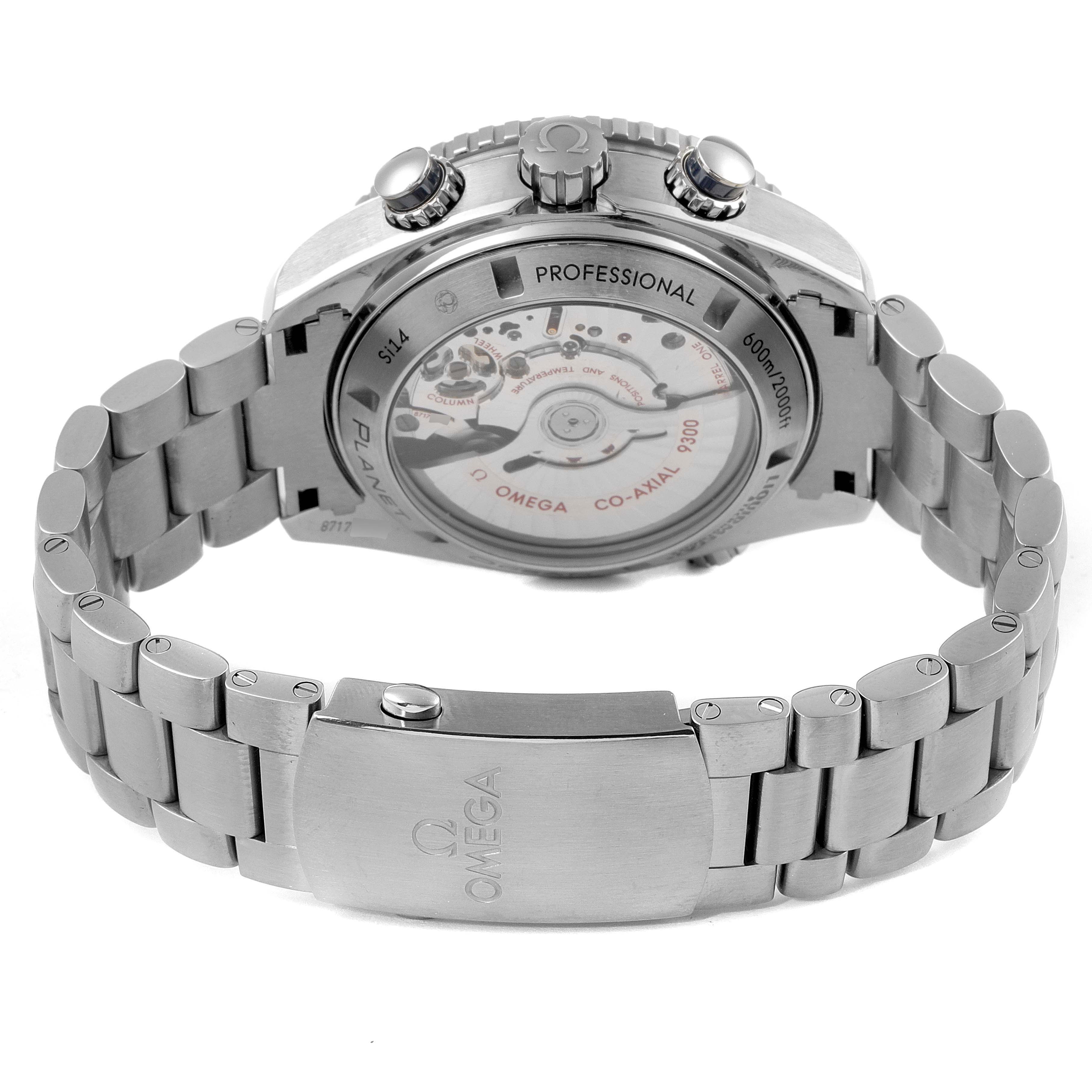 The image shows the back of an Omega Planet Ocean 232.90.46.51.03.001 Men's Titanium Blue Dial 232.90.46.51.03.001 Men's Titanium Blue Dial watch, highlighting its bracelet, clasp, and movement.