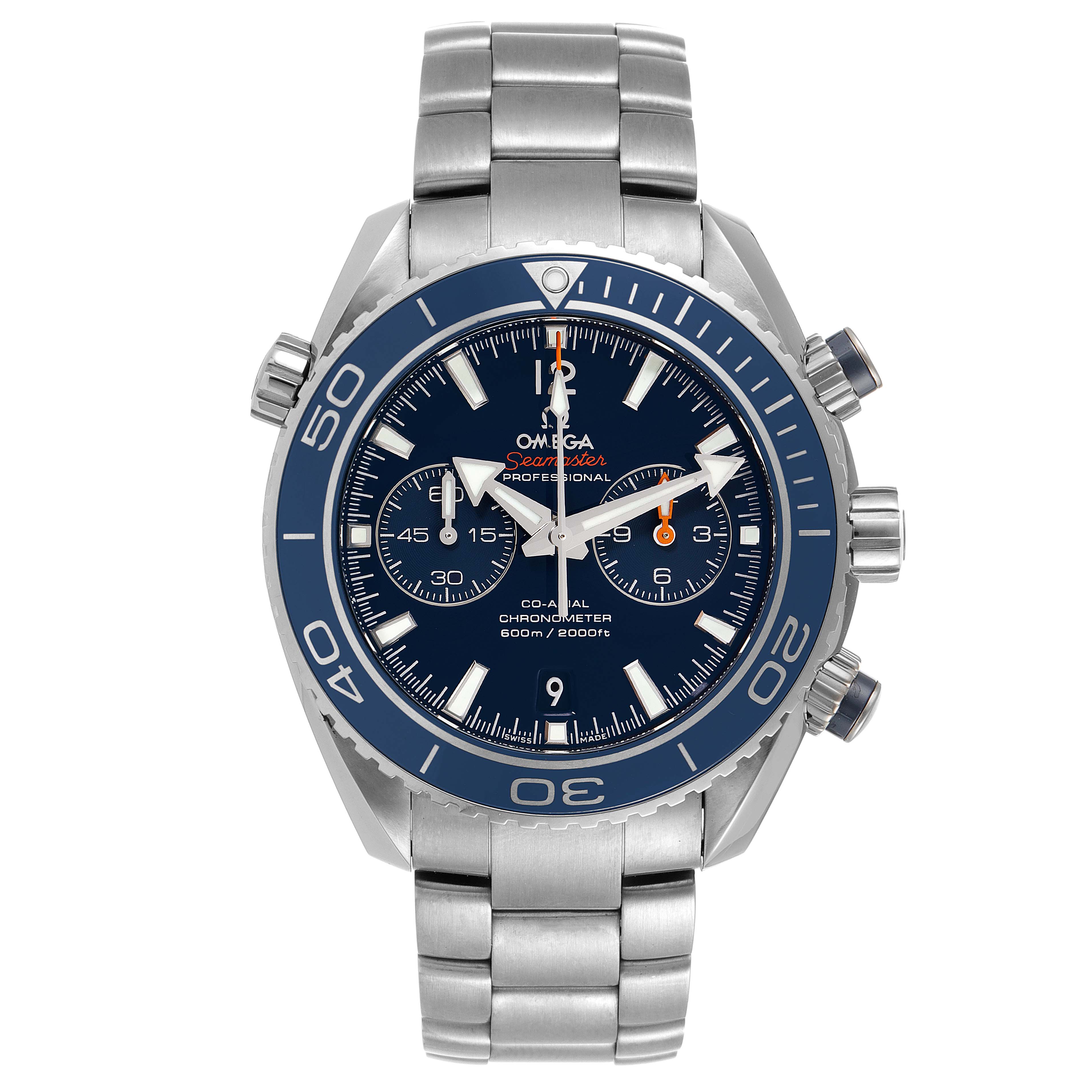 The image shows a front view of the Omega Planet Ocean 232.90.46.51.03.001 Men's Titanium Blue Dial 232.90.46.51.03.001 Men's Titanium Blue Dial watch, highlighting its dial, bracelet, and pushers.