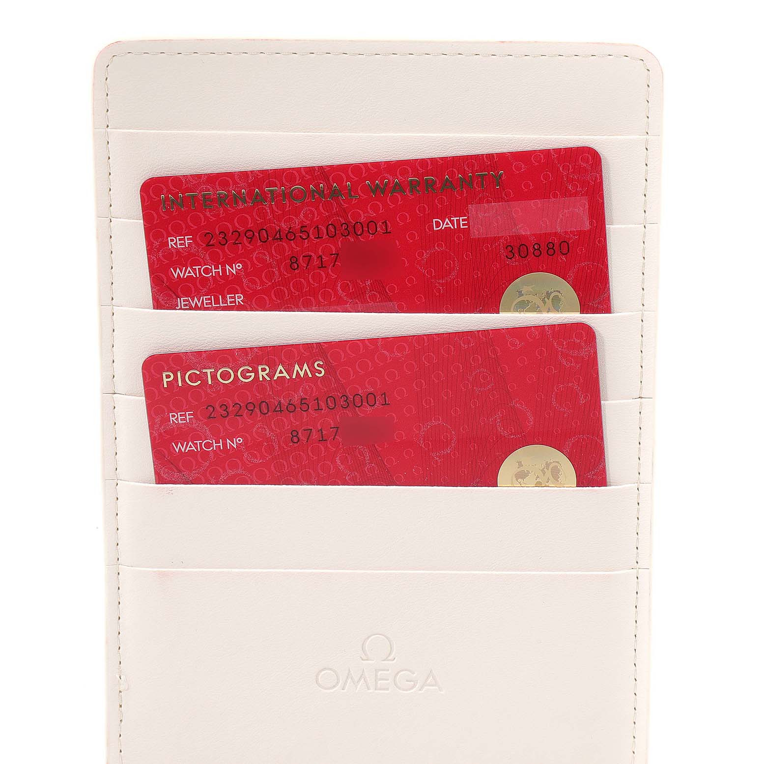 The image shows Omega Planet Ocean 232.90.46.51.03.001 Men's Titanium Blue Dial 232.90.46.51.03.001 Men's Titanium Blue Dial's warranty and pictogram cards in a white Omega cardholder.