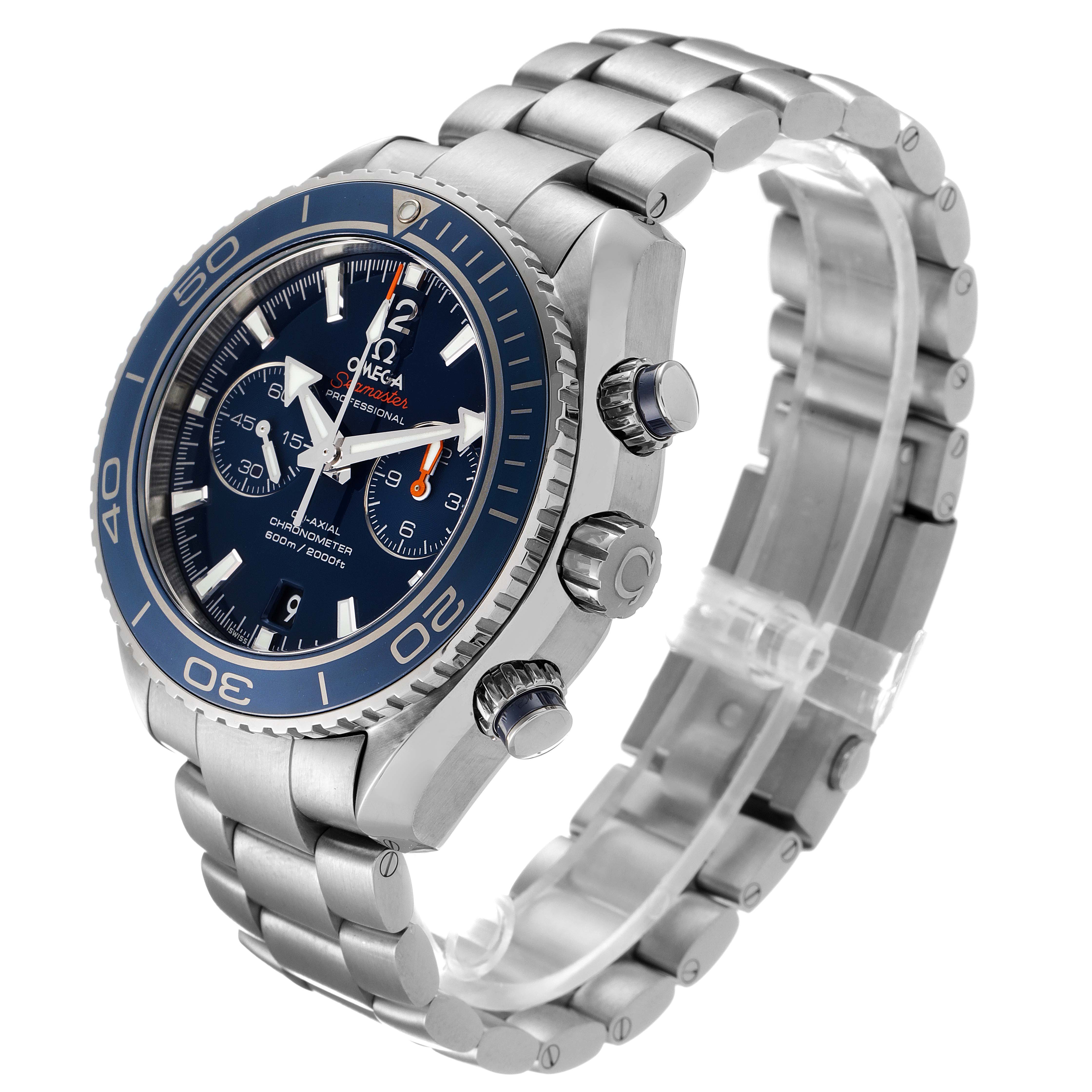 The image shows a side angle of the Omega Planet Ocean 232.90.46.51.03.001 Men's Titanium Blue Dial 232.90.46.51.03.001 Men's Titanium Blue Dial watch, highlighting the face, bezel, crown, and bracelet.