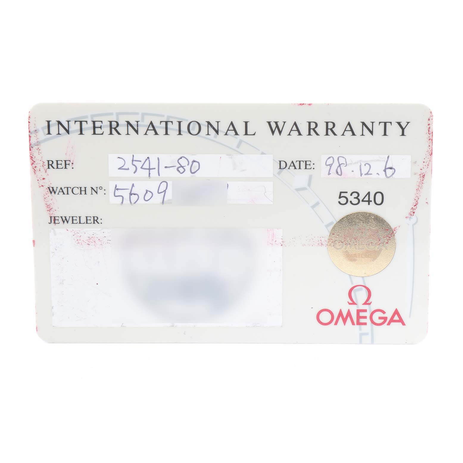 This image shows an International Warranty card for an Omega Seamaster 2541.80.00 Men
s Stainless Steel Blue Dial 2541.80.00 Men
s Stainless Steel Blue Dial model.