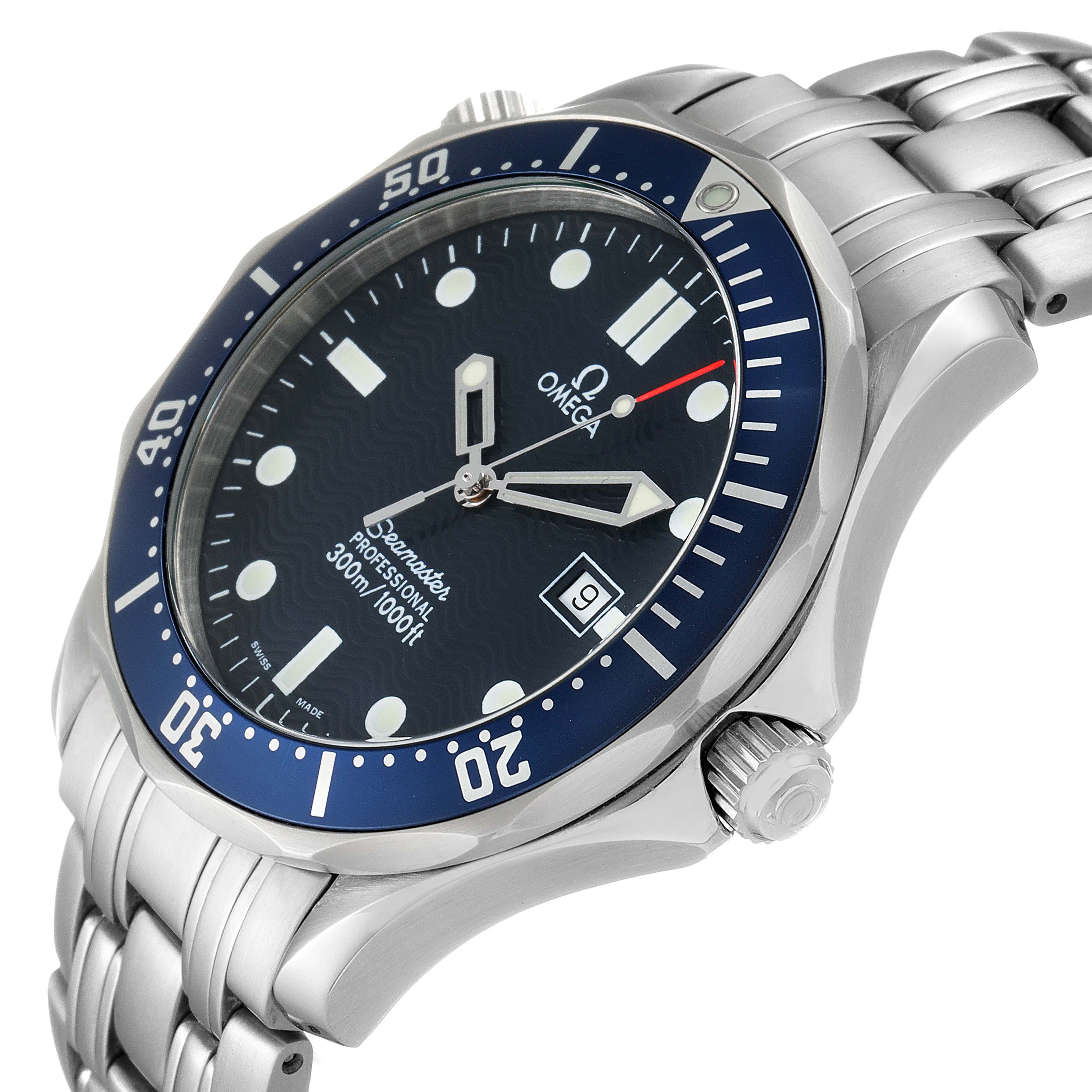 The image shows an Omega Seamaster 2541.80.00 Men
s Stainless Steel Blue Dial 2541.80.00 Men
s Stainless Steel Blue Dial watch from a slight side angle, highlighting its bezel, crown, bracelet, and dial face.